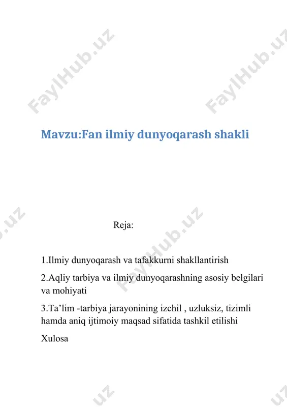 n jamoasi tasavvurlari haqida fikr yuritamiz. yoxud biz xristianlar, musulmonlar, buddaviylar va boshqa diniy guruhlar dunyoqarashi hqida gapiramiz. shu bois dunyoqarash shaxs,ijtimoiy guruh,davlat,davlatdan tashqari tuzilmalar dunyoqarashi sifatida ham bo’lishi mumkin. har qanday dunyoqarash tarkibiga: bilim, baholash, e’tiqod va aqidalar kiradi. dunyoqarash turli shaklda mavjud bo’lishi mumkin: kundalik,mifologik, afsonaviy, diniy,badiiy, falsafiy,va ilmiy tusdagi tasavvurlar.dunyoqarash shaxsiy ong va ijtimoiy ong dalili tarzida bo’lishi mumkin. masalan, afsonaviy dunyoqarash to’g’risida gapirganda biz muayyan shaxsning olami to’g’risidagi tasavvurlari emas, balki, ba’zi falsafiy tizimlarda falsafa oliy bosh ibtido yoki birinchi sabab to’g’risidagi fan deb tariflanadi.masalan,qadimgi yunon faylasufi arastu ta’limotida,u “barcha mavjudotning ibtidosi va sabablari to’g’risidagi fan”deyilgan bo’lsa, o’rta osiyolik mutafakkir abu ali ibn sino falsafani “mutloq borliq to’g’risidagi oliy fan” deb ta’riflagan.boshqa yo’nalishlarda falsafaning bosh sababi birinchi ibtidolarni bilish ekanligi umuman rad etiladi,masalan, o’rta asr ilohiyotchisi al-g’azzoliy o’zining “faylasuflarni rad etish” nomli maxsus asarini shu mavzuga bag’ishlagan. ba’zi ta’limotlarda falsafa “to’g’ri fikrlash orqali erishilgan bilim”,”umuman fanlarni …