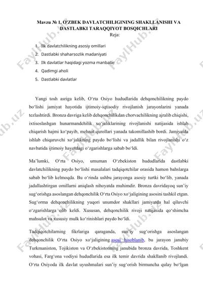 o'zbek davlatchiligining shakllanishi va dastlabki taraqqiyot bosqichlari — DOCX