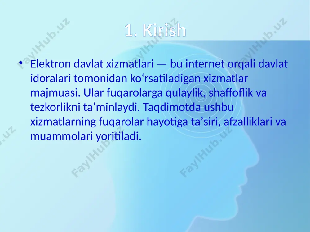 lashuvi kamayadi. 2022-yilgi transparency international hisobotiga ko‘ra, o‘zbekiston korrupsiyaga qarshi kurash indeksida 146-o‘rindan 126-o‘ringa ko‘tarilgan. 9. hududiy tenglik elektron xizmatlar orqali toshkentda mavjud xizmatlar qoraqalpog‘iston yoki surxondaryodagi aholiga ham taqdim etiladi. masalan, 2023-yil davomida qishloq hududlaridan 1,8 milliondan ortiq ariza my.gov.uz orqali yuborilgan. 10. ijtimoiy xizmatlar yengillashuvi ijtimoiy yordam, pensiya tayinlash, nogironlikni rasmiylashtirish kabi xizmatlar onlayn amalga oshirilmoqda. 2023-yilda 1 milliondan ortiq fuqaroga ijtimoiy yordam masofadan turib tayinlangan. 11. ta’lim va sog‘liqni saqlashda e-xizmatlar maktab elektron kundaliklari (my.maktab.uz), otmga hujjat topshirish (my.edu.uz), poliklinikaga yozilish, tibbiy kartani ko‘rish kabi xizmatlar faol ishlamoqda. 12. soliq va biznes uchun xizmatlar yuridik shaxs ro‘yxatidan o‘tishi, soliq hisobotlarini topshirish, elektron hisob-faktura yaratish kabi xizmatlar mavjud. 2023-yilda 500 mingdan ortiq yuridik shaxslar soliq xizmatlaridan onlayn foydalangan. 13. huquqiy xizmatlar sudga onlayn murojaat, nikohdan ajralish yoki aliment undirish bo‘yicha ariza yuborish imkoniyati mavjud. 2023-yilda 100 mingdan ortiq huquqiy masala elektron tarzda hal etilgan. 14. davlat idoralari uchun …