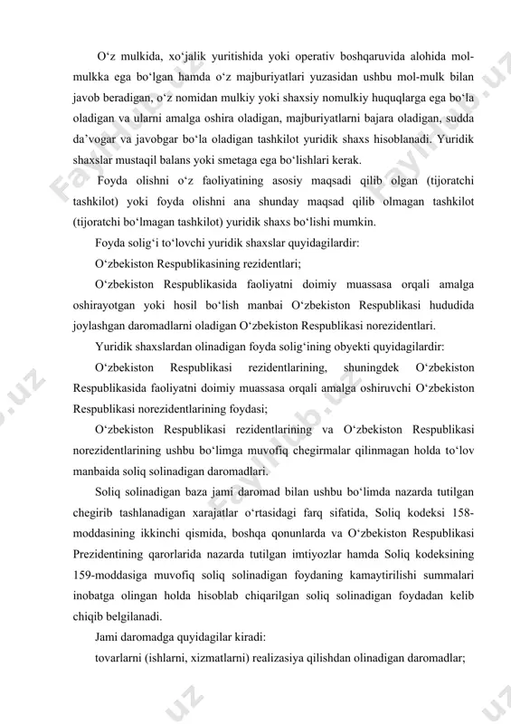 nazarda tutilgan chegirib tashlanadigan xarajatlar о‘rtasidagi farq sifatida, soliq kodeksi 158-moddasining ikkinchi qismida, boshqa qonunlarda va о‘zbekiston respublikasi prezidentining qarorlarida nazarda tutilgan imtiyozlar hamda soliq kodeksining 159-moddasiga muvofiq soliq solinadigan foydaning kamaytirilishi summalari inobatga olingan holda hisoblab chiqarilgan soliq solinadigan foydadan kelib chiqib belgilanadi. jami daromadga quyidagilar kiradi: tovarlarni (ishlarni, xizmatlarni) realizasiya qilishdan olinadigan daromadlar; boshqa daromadlar. о‘zbekiston respublikasi prezidentining 2009 yil 22 dekabrdagi “о‘zbekiston respublikasining 2010 yilgi asosiy makroiqtisodiy kо‘rsatkichlari prognozi va davlat byudjeti parametrlari tо‘g‘risida”gi pq-1245(son qaroriga muvofiq 2010 yilda yuridik shaxslardan olinadigan foyda solig‘i stavkalari quyidagi jadvaldagi miqdorlarda belgilangan (jadval). jadval yuridik shaxslardan olinadigan foyda solig‘i stavkalari 2010 n tо‘lovchilar soliq stavkalari, soliq solinadigan bazaga nisbatan %da 1. yuridik shaxslar (2-3-bandlarda nazarda tutilganlaridan tashqari) 9 2. tijorat banklari 15 3. auksionlar о‘tkazishdan, gastrol-konsert faoliyati bilan shug‘ullanishga lisenziyasi bо‘lgan yuridik va jismoniy shaxslarni (shu jumladan norezidentlarni) jalb etish yо‘li bilan ommaviy tomosha tadbirlarini tashkil etishdan daromad oluvchi yuridik …