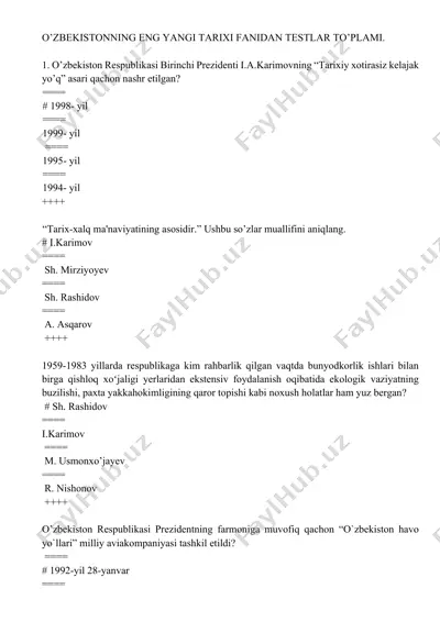 o’zbekistonning eng yangi tarixi fanidan testlar to’plami — DOCX