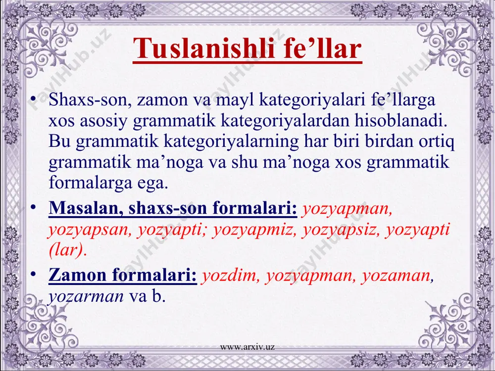 va shaxs-son affikslari yordamida shakllanadi: 1) yozsam, yozsang, yozsa; yozsak, yozsangiz, yozsa(lar); 2) yozar edim, yozar eding, yozar edi, yozar edik, yozar edingiz, yozar edi (lar); yozmoqchiman, yozmoqchisan, yozmoqchi, yozmoqchimiz, yozmoqchisiz, yozmoqchi(lar), www.arxiv.uz www.arxiv.uz tuslanish sistemasidagi fe’llar barcha mayl doirasida ham shaxs-son bilan albatta shakllangan bo’ladi: yozdim, yozsam, yozsin, yozmoqchiman va x. ba’zi mayl turlarida ikkinchi yoki uchinchi shaxsda maxsus grammatik ko’rsatkich bo’lmasligi mumkin masalan, yoz-buyruq mayli, ikkinchi shaxs, birlik; yozdi — ijro mayli, o’tgan zamon, uchinchi shaxs, birlik. lekin bo’lar fe’lning o’zak yoki negizi emas, balki maxsus shakli (formasi) hisoblanadi. bunday hollarda maxsus ko’rsatkichning yo’qligi ham shaxs-son bilan tuslanishning aloxida ko’rinishi hisoblanadi. www.arxiv.uz www.arxiv.uz xullas, tuslanishli fe’llar hamma vaqt mayl va shaxs-son jihatdan shakllangan bo’lishi shart. lekin hamma vaqt shaxs-son ko’rsatkichlariga ega bo’laverishi shart emas. tuslanishli fe’llardan faqat ijro maylidagi fe’llargina zamon ma’nosiga ega bo’ladi va zamon ma’nosining ifodalanishida shu ma’noni ifodalovchi formant albatta qatnashadi. www.arxiv.uz www.arxiv.uz o’zbek tilida …