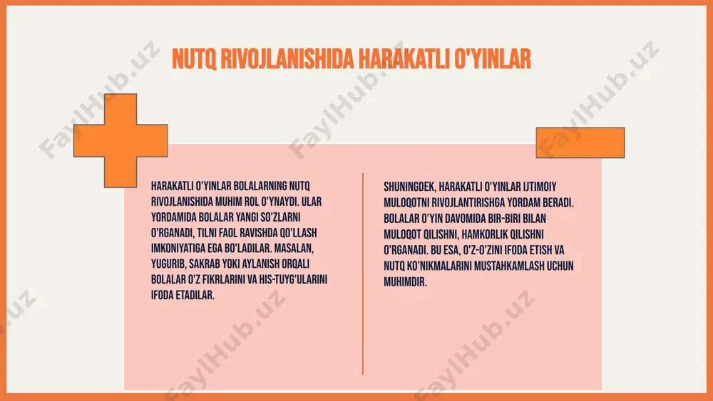 q rivojlanishida harakatli o'yinlar muhim rol o'ynaydi, ular til ko'nikmalarini, kognitiv, emotsional va jismoniy rivojlanishni qo'llab-quvvatlaydi. o'qitish metodlari va texnologiyalar nutqni baholashda samarali bo'lib, kelajakda innovatsion yondashuvlar va texnologiyalardan foydalanish imkoniyatlarini ochadi. yakuniy fikr sifatida, harakatli o'yinlar yordamida nutq rivojlanishini qo'llab-quvvatlash uchun samarali strategiyalar va innovatsion texnologiyalar muhim. bu, nafaqat hozirgi ehtiyojlarni qondirish, balki kelajakda yangi imkoniyatlar yaratish uchun muhimdir. foydalanilgan adabiyotlar 1. o‘zbekiston respublikasi ta’lim va fan vazirligi. bolalar nutqini rivojlantirishda harakatli o'yinlarning roli. ta’lim metodik jurnali, 2020. 2. qodirova, m. harakatli o'yinlar va nutq rivojlanishi. toshkent: fan va ta’lim nashriyoti, 2019. 3. isroilova, d. nutq rivojlanishini baholash va nazorat qilishda o'yinlarning o'rni. o'zbekiston pedagogik jurnali, 2021. 4. sultonova, n. jismoniy faoliyat va nutq rivojlanishi: harakatli o'yinlar orqali kelajak strategiyalari. o'zbekiston sport va sog'liq jurnal, 2022. 5. yusupova, m. o'yinlar yordamida nutqni rivojlantirish metodlari. toshkent: ma’naviyat va ma’lim nashriyoti, 2018. e'tiboringiz uchun rahmat! image1.png image2.png image3.png image13.png image14.png image15.png …