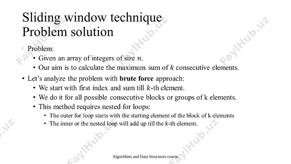 calculate the maximum sum of consecutive elements. let’s suppose array size is 10 and is 3 best sum: 66 in every next step need to add next element to sum and remove first. algorithms and data structures course 10 8 6 13 11 15 1 50 2 10 sliding window technique problem visualization problem: given an array of integers of size . our aim is to calculate the maximum sum of consecutive elements. let’s suppose array size is 10 and is 3 best sum: 66 in every next step need to add next element to sum and remove first. algorithms and data structures course 10 8 6 13 11 15 1 50 2 10 sliding window technique problem visualization problem: given an array of integers of size . our aim is to calculate the maximum sum of consecutive elements. let’s suppose array size is 10 and is 3 best sum: …