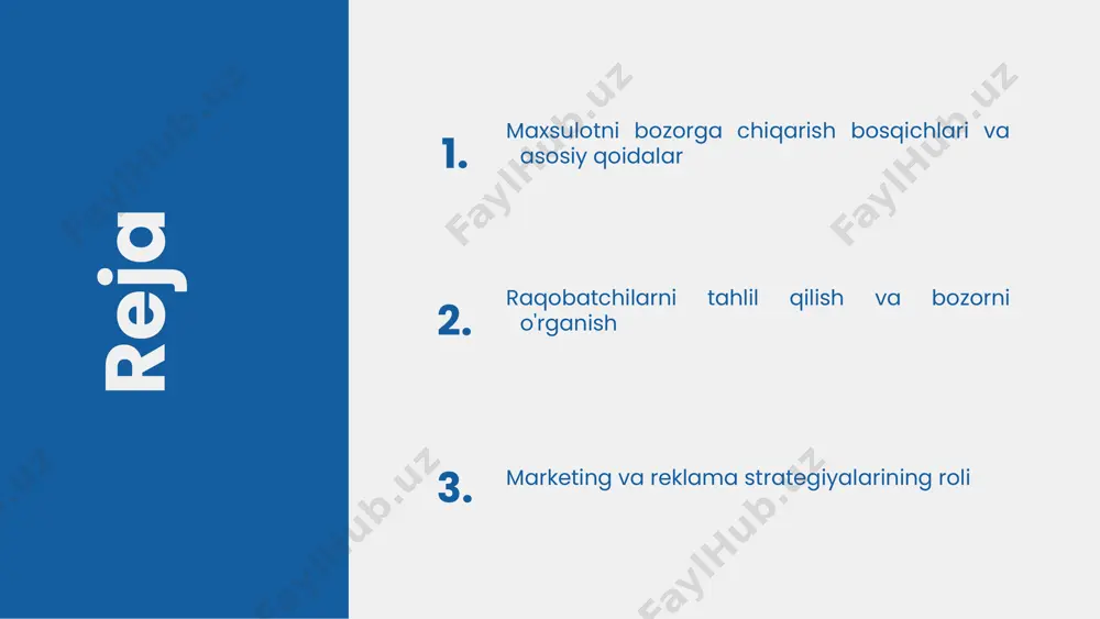 shga yordam beradi. ishlab chiqarish jarayonini rejalashtirish marketing strategiyasini ishlab chiqish maqsadli auditoriyani aniqlash uchun demografik, psixografik va xarid odatlarini tahlil qilish muhimdir. raqobatchilarni swot va porter's five forces yordamida baholash, internet va televidenie kabi marketing kanallarini tanlash zarur. asosiy elementlar: maqsadlar, pozitsiyalash, taklif va marketing aralashmasi. mahsulot xususiyatlari, narx siyosati va reklama usullari strategiyaning muhim qismidir. amalga oshirish uchun aniq harakat rejalari, javobgar shaxslar va o‘lchash mezonlari talab etiladi. monitoring va tahlil strategiyaning takomillashtirilishida muhimdir. mahsulotni chiqarish va tarqatish mahsulotni bozorga chiqarish jarayonida to'g'ri tarqatish kanallarini tanlash muhimdir. bu kanallar mahsulotning ommaviyligini va sotuvni oshirishga yordam beradi. masalan, ayrim mahsulotlar do'konda, boshqalari esa onlayn platformalarda yaxshi sotiladi. tarqatish kanallari tanlashda mahsulotning turi, mijozlarning ehtiyojlari va geografik joylashuv asosiy omillardir. kataloq, chakana sotuvchilar, dorixona yoki internet do'konlar kabi kanallarni tanlash mumkin. har bir kanalning o'ziga xos afzalliklari va kamchiliklari bor. mijozlarga yetkazib berish jarayonida logistika muhim rol o'ynaydi. tez va …
