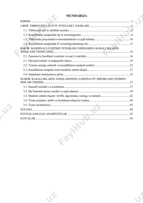 t qilish va individual tavsiyalar berish imkoniyati paydo bo‘ldi. o‘zbekistonda ham tibbiy xizmatlarning sifatini oshirish, aholi salomatligini monitoring qilish va kasalliklarning oldini olish bo‘yicha raqamli texnologiyalarni joriy etish zarurati kuchaymoqda. shu nuqtai nazardan, sun’iy intellekt vositalaridan foydalangan holda kasalliklarni aniqlash va tavsiya beruvchi tizimlar ishlab chiqish dolzarb hisoblanadi. ishining asosiy maqsadi – foydalanuvchidan kelayotgan biometrik va simptomatik ma’lumotlar asosida kasallikni aniqlovchi yoki bashorat qiluvchi web ilova ishlab chiqishdir. vazifalar: · tibbiy diagnostikada zamonaviy hisoblash vositalarining nazariy asoslarini o‘rganish; · kasalliklarni aniqlashda ai/ml texnologiyalarining rolini tahlil qilish; · sensorli tizimlardan (smart soat) ma’lumot olish va qayta ishlash mexanizmini ishlab chiqish; · python dasturlash tilida oddiy web ilova yaratish; · ochiq ma’lumotlar to‘plami (open dataset) asosida ml modelni o‘rgatish; · kasallikni bashorat qiluvchi model yaratish va tavsiyalarni chiqarish; · natijalarni tahlil qilish va xulosa chiqarish. tadqiqot obyekti: foydalanuvchi sog‘lig‘iga oid ma’lumotlar (sensorli qurilmalar va foydalanuvchi kiritmalari orqali) tadqiqot predmeti: zamonaviy hisoblash vositalari …