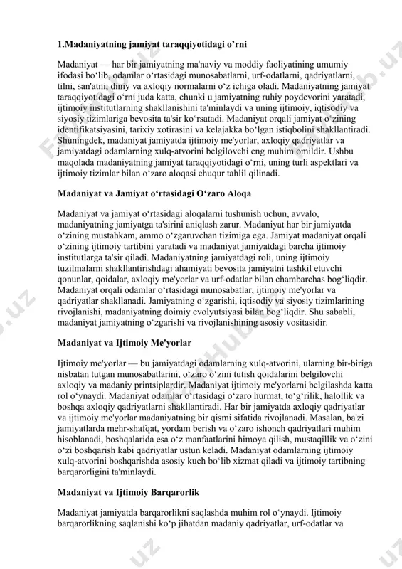 g rivojlanishi jamiyatda barqarorlikni ta'minlashda asosiy omil hisoblanadi. madaniyat va iqtisodiy taraqqiyot madaniyat va iqtisodiy taraqqiyot o‘rtasidagi bog‘liqlik ham muhim o‘ringa ega. iqtisodiy tizimlar va ishlab chiqarish jarayonlari madaniyatga ta'sir etadi, ammo, shuningdek, madaniyat ham iqtisodiy taraqqiyotga bevosita ta'sir ko‘rsatadi. madaniyatning ijtimoiy me'yorlar, ish etikasiga, biznesdagi odob-axloqqa, yangi texnologiyalarni qabul qilishga bo‘lgan yondashuvi iqtisodiy rivojlanishga katta ta'sir ko‘rsatadi. masalan, ishlab chiqarishda samarali ishlash, innovatsiyalarni qo‘llab-quvvatlash, hamkorlik qilish kabi ijtimoiy qadriyatlar jamiyatning iqtisodiy taraqqiyotini tezlashtiradi. shu bilan birga, madaniyat iqtisodiy tenglikni saqlashda, kambag‘allikni kamaytirish va boylikni adolatli taqsimlashda ham muhim rol o‘ynaydi. bundan tashqari, madaniyatning xalqaro iqtisodiy aloqalarga ham ta'siri bor. xalqaro savdo va iqtisodiy aloqalar madaniy o‘zgarishlar bilan chambarchas bog‘liq. madaniy va iqtisodiy o‘zgarishlar jamiyatning global miqyosda o‘zaro aloqalarini yanada mustahkamlaydi. shunday qilib, madaniyat va iqtisodiy taraqqiyot o‘rtasida o‘zaro aloqalar mavjud bo‘lib, ularning har biri boshqa birini rivojlantirishga xizmat qiladi. madaniyat va siyosat madaniyatning siyosatga ta'siri ham juda kuchli. siyosat …