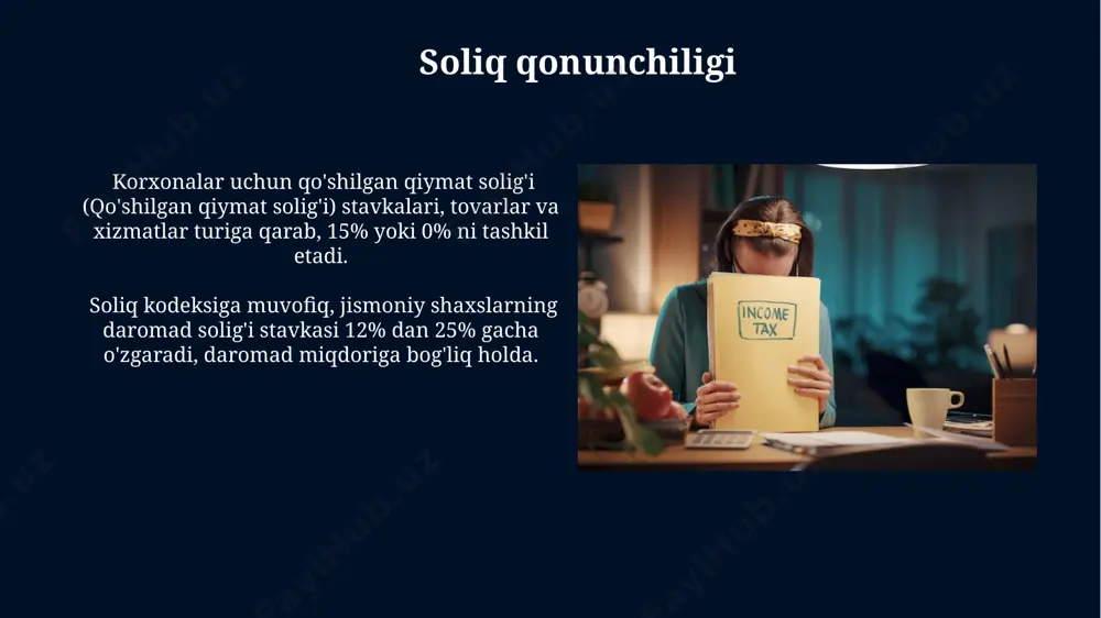 kada hisoblanadi va byudjetga katta hissa qo'shadi, bu soliqni to'lashdan qochish imkoniyatini sezilarli darajada cheklaydi. soliq tizimining samaradorligi, ya'ni yig'ilgan soliqlarning yalpi ichki mahsulotga nisbati, 2022 yilda o'rtacha 15% ni tashkil etdi, bu davlat byudjetining asosiy daromad manbai hisoblanadi. soliq huquqbuzarliklari 2023-yilgi ma'lumotlarga ko'ra, o'zbekistonda soliq huquqbuzarliklari soni o'tgan yillarga nisbatan 15% ga kamaygan, ammo yashirin iqtisodiyot bilan bog'liq huquqbuzarliklar hali ham muhim muammo hisoblanadi. soliq kodeksiga kiritilgan o'zgarishlar natijasida, soliq tekshiruvlari soni ortgan va o'rtacha tekshiruv muddati 30 kundan 15 kungacha qisqargan, bu esa soliq to'lovchilar uchun samaradorlikni oshirdi. soliq to'lovchilarning toifalari soliq to'lovchilarning 30% dan ortig'i yakka tartibdagi tadbirkorlar bo'lib, ular soddalashtirilgan soliq tizimidan foydalanadilar va yillik daromadlari bo'yicha soliq to'laydilar. jismoniy shaxslar, ya'ni, 18 yoshdan oshgan barcha fuqarolar, davlat byudjetidan mablag' olish uchun soliq to'lash majburiyatiga ega bo'lib, ularning daromadlari turli soliq stavkalari bilan belgilanadi. soliq stavkalari soliq stavkalari, odatda, foizlarda ifodalanadi va daromad miqdoriga yoki mol-mulk …