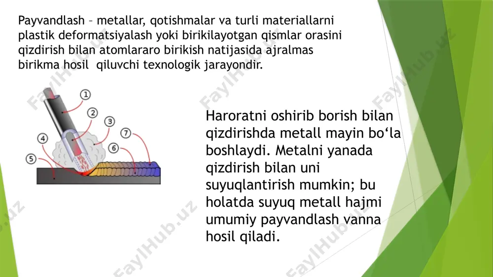 radi. oksidsizlantiruvchi moddalar ferromarganes, ferrosilisiy, ferrotitan, alyuminiy va boshqalar kiradi. legirlovchi moddalar-ferromarganes, ferrosilisiy, ferroxrom, ferrotitan va boshqalar. bog’lovchi moddalar suyuq shisha, kamdan-kam hollarda dekstrin ishlatiladi. ruda-kislotali qoplamalar asosan marganes, temir, kremniy oksidlaridan iborat bo’ladi. ba’zan ularga tio2 qo’shiladi. elektroddan suyuqlanish davrida organik moddalar parchalanib, gaz muxofazasi hosil qilinadi. oksidsizlantirish tariqasida qoplamaga ferromarganes qo’shiladi. omm-5, цm-7, цm7с markali qoplamalar ana shunday qoplamalardan hisoblanadi. riutilli qoplamalar yoyning o’zgaruvchan tokda barqaror yoyishini ta’minlaydi. qoplamasida rutil bor elektrodlar universal elektrodlar bo’lib, ular mas’uliyatli buyumlarni payvandlashda ishlatiladi.masalan rutilli цm-9, qoplama tarkibida rutil - 48 %, magnezit -5%, dala shpati – 30 %, ferromarganes -15 %, dekstrin – 2 % va suyuq shisha 1-15 % bo’ladi. organik (gaz bilan muhofazalovchi) qoplamalardan oz shlak ajraladi. shuning uchun ham bunday qoplamalar vertikal, ship va payvandlash noqulay bo’lgan choklarni, shuningdek, ancha yupqa (3 mm gacha) po’latlarni payvandlash uchun yaroqlidir. bu qoplamalar asosan, un, sellyuloza va boshqa organik moddalardan tayyorlanadi. …
