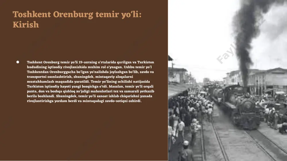 ahsulotlar va xizmatlar: - temir yoʻl orqali o'tkaziladigan asosiy mahsulotlar: - paxta - don - qishloq xoʻjaligi mahsulotlari - qurilish materiallari - transport va logistika xizmatlari muhim rol o'ynaydi. xalqaro aloqalar: - toshkent orenburg temir yoʻli xalqaro savdo aloqalarini kengaytiradi. - o'rta osiyo va rossiya bozorlariga kirish imkoniyatlarini oshiradi, iqtisodiy o'sishni rag'batlantiradi. ish o'rinlari va ta'minot zanjiri regional iqtisodiy integratsiya temir yo'lning ta'siri toshkent orenburg temir yoʻli mintaqaviy iqtisodiy integratsiyani kuchaytirishda muhim rol o'ynaydi. bu yo'l orqali savdo yo'nalishlari kengayadi va mamlakatlar o'rtasida iqtisodiy aloqalar mustahkamlanadi, bu esa umumiy iqtisodiy taraqqiyotga hissa qo'shadi. o'zaro aloqalar o'zbekiston va boshqa davlatlar, jumladan qozog'iston, qirg'iziston va rossiya o'rtasidagi iqtisodiy aloqalar temir yo'li orqali rivojlanmoqda. ushbu aloqalar savdo, investitsiya va ish o'rinlari yaratishda muhim ahamiyatga ega. investitsiyalar temir yo'l orqali jalb qilingan investitsiyalar iqtisodiyotning turli sohalariga ta'sir qiladi. mintaqaviy integratsiya jarayonida investitsiyalar transport infratuzilmasini yaxshilash, yangi bizneslarni ochish va mahalliy iqtisodiyotni rivojlantirishga xizmat qiladi. …