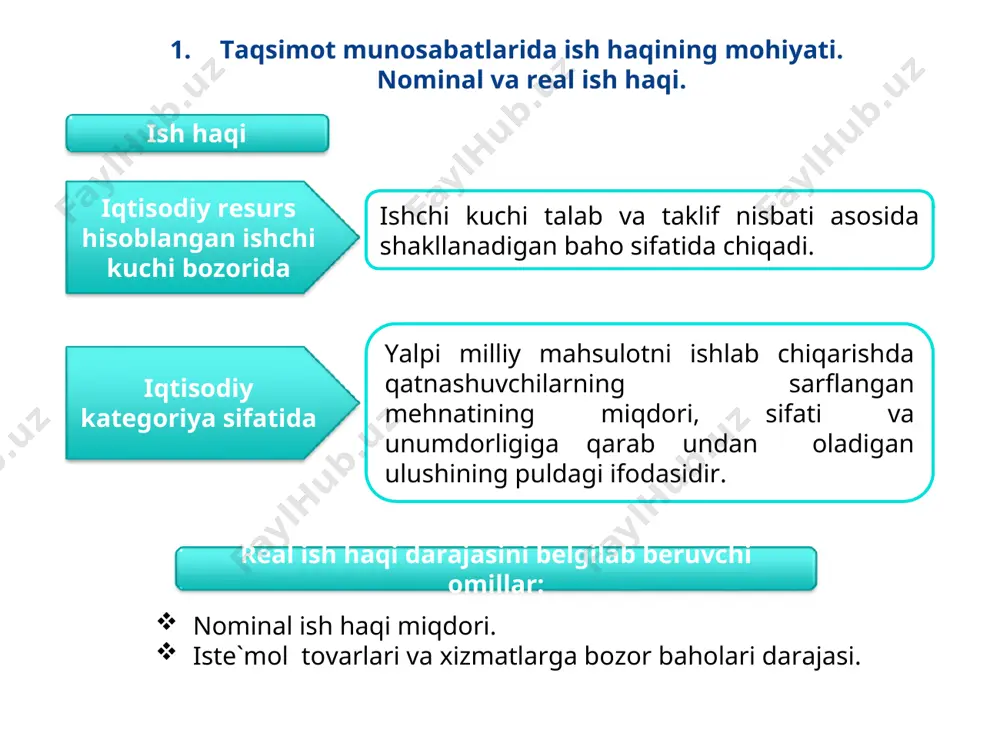 tlar belgilanadi. unda birinchi va undan keyingi razryadli xodimlar mehnatiga haq to`lashning o`zaro nisbatini aks ettiruvchi tarif koeffisientlari ko`rsatiladi. tarif tizimi ta`rif – malaka ma`lumotnomalar. ta`rif - setkasi. ish haqiga turli koeffisientlar 3. ish kuchi bozorining alohida modellarida ish haqi darajasining aniqlanishi. inson kapitaliga investitsiyalar. aniq mehnat turining unumdorligi; birgalikda foydalaniladigan resurslarning bahosi va unumdorligi. aniq mehnat turi ishlab chiqargan mahsulotlarning bozor baholari; mehnatning aniq turi taklifining cheklanganligi; bajariladigan ishlarning jozibadorligi; ishlovchilarning malakasi, kasbiy tayyorgarligi va mahorati. mehnatning alohida turlariga talab va ish haqi darajasini belgilovchi omillar: mehnatning alohida turlariga ish haqi darajasida farq bo`lishini keltirib chiqaruvchi omillar: ishchi kuchi umumiy taklifini belgilab beruvchi omillar: mamlakat aholisining soni; aholining umumiy sonida mehnatga yaroqli bo`lganlar salmog`i; aholining jinsiy va yosh tarkibi. mehnatning sof raqobatli bozorida ish haqi darajasining aniqlanishi: ish haqi darajasi alohida mehnat turiga yalpi talab va uning yalpi taklifi ta`sirida shakllanadi; alohida ishga yo`llanuvchilar va ishga yo`llovchilar ish haqi …