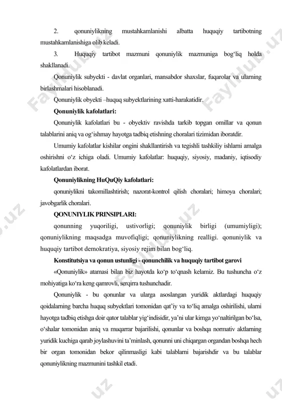 nuniylikning mazmunini tashkil etadi. bu talablar haqiqatan ham amalda bajarilsa - real qonuniylik, e’lon etilsa-da, biroq amalda bajarilmasa soxta (formal) qonuniylik mavjud bo‘ladi. qonunlar qonuniylikning asosini tashkil etadi. bironta davlat qonunlarsiz mavjud bo‘la olmaydi. konstitutsiya va qonun ustunligi davlat va uning organlari, mansabdor shaxslar, barcha jamoat birlashmalari va fuqarolarning konstitutsiya va qonunlarga muvofiq faoliyat olib borishini taqozo etadi. bundan tashqari, bu konstitutsiyaviy tamoyil, barcha normativ huquqiy aktlar konstitutsiyada mustaqkamlangan qoidalarga to‘liq mos kelishini ham qat’iy talab etadi. mazkur konstitutsiyaviy prinsipga to‘la rioya etish, oqibat natijada mamlakatda qonunchilik va huquqiy tartibot, taraqqiyot va barqarorlik hukm surishiga olib keladi. shu munosabat bilan, konun ustuvorligi haqida fikr yuritilayotganda, avvalo bir masala haqida ta’kidlab o‘tish joiz. birok, ilmiy adabiyotda, ular mohiyatan yaqin huquqiy hodisalar bo‘lsa-da, ayni paytda, bir-biridan muayyan darajada farqlanishi kursatiladi. huquq hukmronligi bu shunda ko‘rinadiki, har qanday davlat, o‘zi huquqiy normalar yaratar ekan, eng avvalo o‘zi aynan shu huquqiy normalarga rioya etishi …