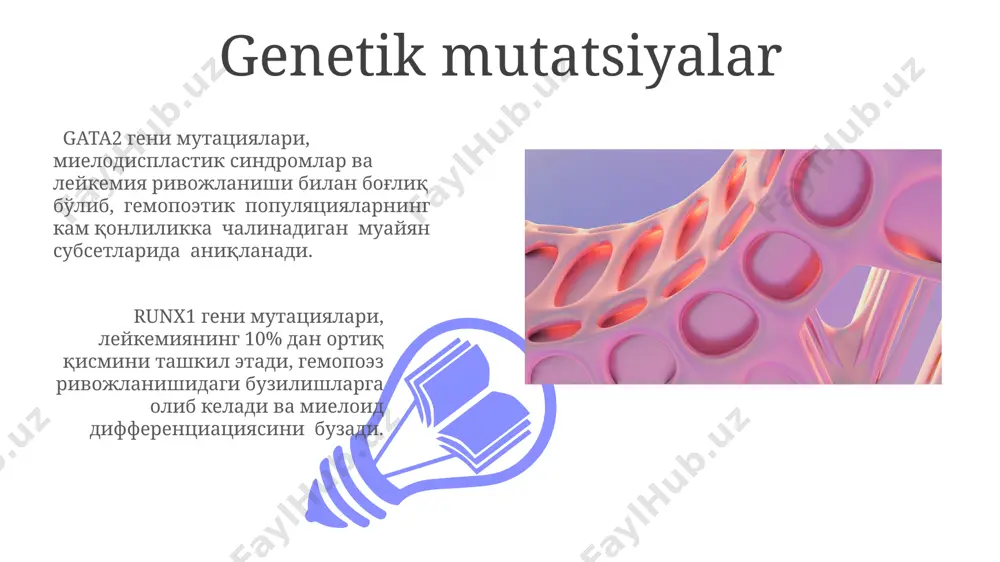 ri ishlashi, masalan, avtoimmun kasalliklar, hematopoezni buzishi va qon hujayralari sonining 20% dan koʻproq oʻzgarishiga olib kelishi mumkin. suyak koʻmigʻidagi stromal hujayralar va immun hujayralar oʻrtasidagi oʻzaro taʼsir, hematopoezning 50% dan ortiq qismini boshqaradi, bu esa qon hujayralari soni va turini tartibga solishda muhim ahamiyatga ega. klinik ahamiyati suyak ko'migi transplantatsiyasi kabi protseduralar hematopoetik hujayralarni qayta tiklash uchun qo'llaniladi va muvaffaqiyat darajasi 70-80% atrofida bo'lib, bemorning yoshi va umumiy holatiga bog'liq. gematologik malignitetlar, masalan, leykemiya va limfoma kabi kasalliklarning davolash samaradorligi hematopoezni tartibga solish mexanizmlarini tushunishga bog'liq, bu esa yangi terapevtik strategiyalarni ishlab chiqishga yordam beradi. mikroi muhitning ahamiyati 01 02 qon hujayralari hosil boʻlishida mikro muhitning 3 oʻlchovli tuzilishi, yaʼni toʻqimalar orasidagi oʻzaro taʼsir va hujayralararo signalizatsiya yoʻllari muhim ahamiyatga ega boʻlib, hematopoezni tartibga soladi. sales 1st qtr 2nd qtr 100 0 sales 1st qtr 2nd qtr 100 0 stressning ta'siri stress qon hujayralari hosil boʻlishini 20-30% ga kamaytirishi …