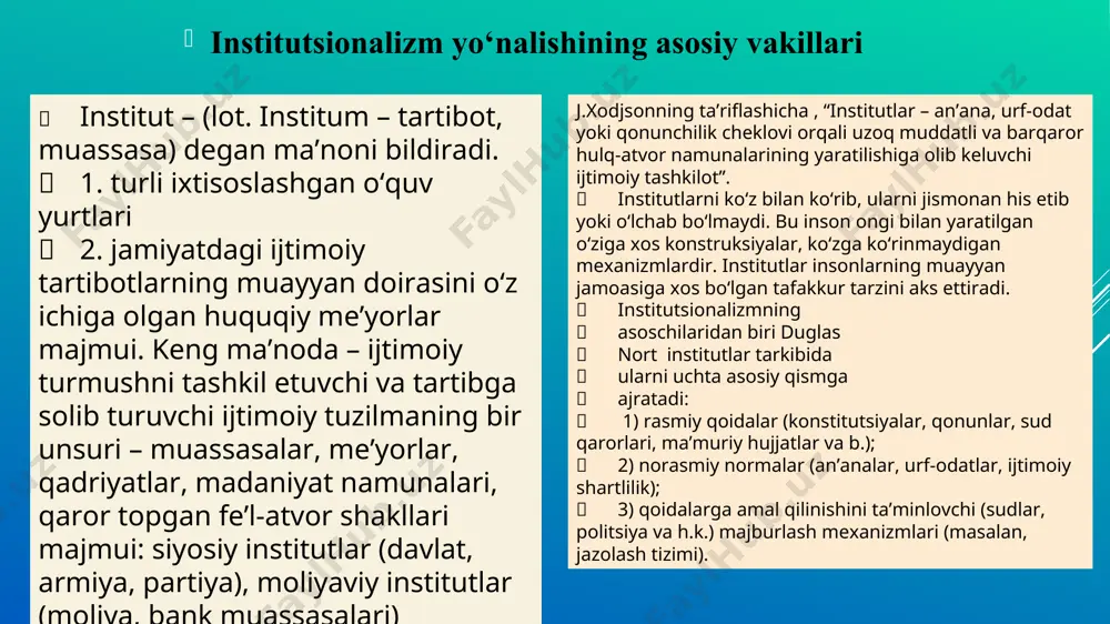 riyalarini ishlab chiqdilar. 50 yillarda j.m.klark «iqtisodiy institutlar va insonlar farovonligi», a.berli «mulksiz hokimiyat» va «xx asr kapitalistik inqilobi» kitoblarini chop etdilar, g.minz o‘zining maqolalarida aksionerlar soni ortishi, kapital mulkning kapital funksiyadan ajralish jarayonini qayd etdi. 3. 60-70 yillarda ijtimoiy-institutsional yo‘nalish, ya’ni neoinstitutsionalizm paydo bo‘ldi. 60-yillardagi institutsionalizm asoslari amerikalik nazariyotchi a.lou va shvesiyalik iqtisodchi g.myurdal tomonidan ishlab chiqildi. hozirgi davrdagi ijtimoiy-institutsional yo‘nalish ta’limoti j.k.gelbreyt va r.xeylbronerlar tomonidan davom ettirilgan. «institutsionalizm» tushunchasi, bir tomondan jamiyatdagi urf-odat, an’ana, axloq, xatti-harakat, qoidalarni, ikkinchi tomondan, davlat, muassasa, tashkilotlar, ya’ni institutlarni o‘z ichiga oladi. institutsionalizm yo‘nalishining asosiy vakillari torsteyn veblen (1857-1929y.) institutsionalizm yo‘nalishining asoschisi institutsionalizm yo‘nalishining asoschisi institutsionalizm yo‘nalishining rahnamosi jon kommons (1867-1945y.) institutsionalizm yo‘nalishining rahnamosi uesli mitchell (1874-1948y.) institutsionalizm yo‘nalishining rahnamosi torsteyn veblen (1857-1929y.) asosiy asari «bekorchilar sinfi nazariyasi» (1899) klassik iqtisodiy maktabning “iqtisodiy institutlarning hech bir ta’sirisiz erkin raqobat kishining va barcha jamiyatning farovonligini ta’minlashga imkoniyat yaratib beradi”, degan qoidasiga qarshi chiqadi. t. …