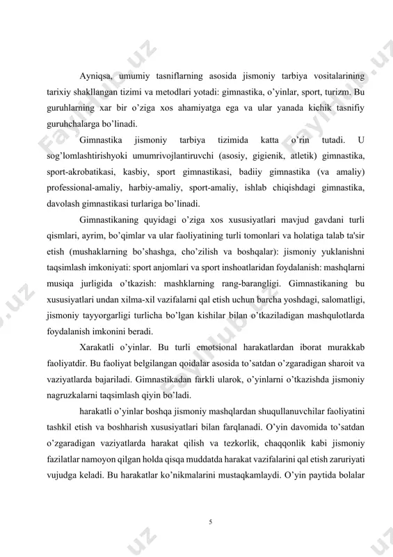 ish, sakrash va boshkalar) ko’riladi. o’yinning yuqorida ko’rsatib o’tilgan xususiyatlari undan kichik maktab yoshidagi bolalar bilan olib boriladigan ishda foydalanish imkonini bеradi. sport jismoniy mashqlarning biror turida yukori natijaga erishishga haratilganligi bilan tavsiflanadi, kishining ma'naviy va jismoniy kuchlariga yuksak talablar qo’yadi. shuning uchun u muayan yosh bosqichning rivojlanish darajasidagina qo’llash mumkin. bu esa jismoniy tayyorgarlik soqligiga muvofiq sharoitnini talab qiladi. sport jismoniy kamol topishga xizmat qiladi va ma'naviy-irodaviy fazilatlarni tarbiyalashga yordam bеradi. shuning uchun sport bilan shuqullanish ayniqsa, kishi organizmining hamda inson shaxsining shakllanish davrida foydalidir. jismoniy maqorati shakllantirish va jismoniy tarbiyaning xilma-xil vazifalarini qal etish maqsadida o’quvchilar bilan ishlashda turli gimnastika mashqlari (sarflanish umumrivojlantiruvchi mashqlar). buning natijasida jismoniy mashqlarva kеyingi yosh bosqichlarida xilma-xil sport turlari bilan shuqullanish uchun zamin yaratiladi. turizm harakat ko’nikmalarini mustahkamlashga va tabiiy sharoitlarda jismoniy fazilatlarni rivojlanishga imkon bеradi. maktabda bolalar bilan turli harakat usullaridan foydalangan holda (piyoda yurish vеlosipеdda yurish va boshqalar) shahar tashharisiga sayrlar …