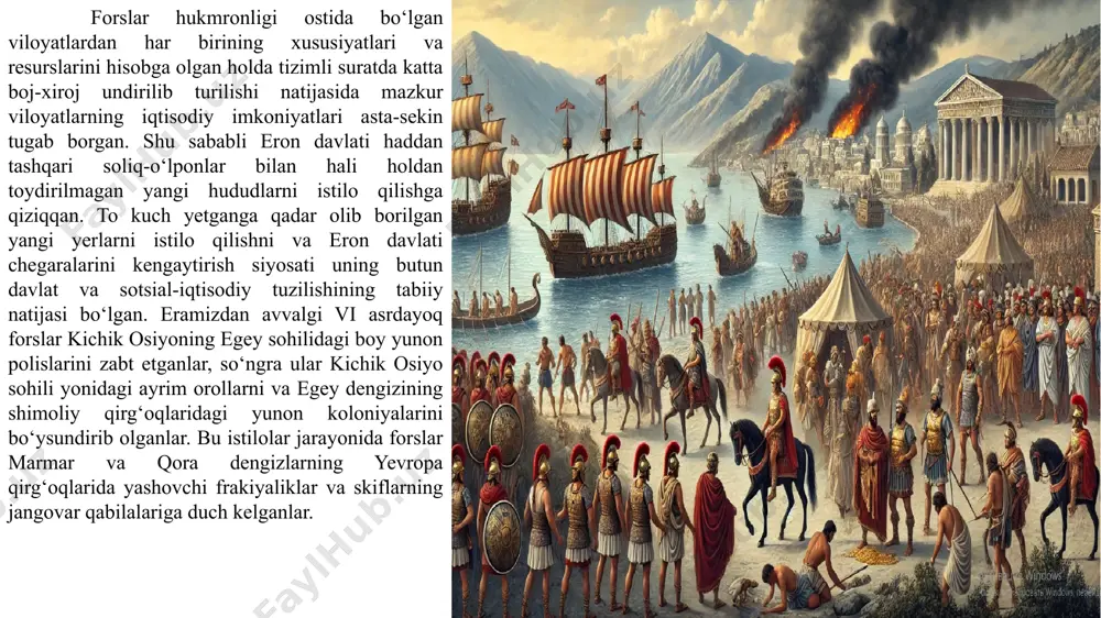 yaliklarning dengiz savdo-sotig‘iga homiylik qilganlar. kichiy osiyo va uning yaqinidagi orollarning yunonlari eron soliq tizimining bevosita zulmini hamda podsho tomonidan mahalliy oligarxlar va aristokratlardan tayinlangan zolimlarning jabrini o‘z bo‘yinlarida tortganlar. gretsiyasi polislarining yaqin o‘tmishda qattiq ichki kurashda urug‘ aristokratiyasi ustidan g‘alaba qozongan savdo, hunarmandchilik aholisining keng ommasi endi kuchli va shafqatsiz tashqi dushman bilan to‘qnash kelgan. kuchlarning juda ham teng emasligini anglash natijasidagina yunon polislarining demosi eronga qarshi aktiv harakat qilib chiqishdan o‘zini saqlab qolgan. aksincha, bir qancha polislarda mag‘lubiyatga uchragan aristokratiya forslarning oliy hokimiyatini tanish evaziga eron podshosining yordami soyasida ilgarigi hukmronlik mavqeini qaytarib, olishga, aristokratiya hokimiyat tepasida turib qolgan polislarda esa forslarga tayanib, o‘z hokimiyatini mustahkamlashga intilgan. shunday qilib, yunonlarning eronga nisbatan tashqi siyosatida birlik bo‘lmagan. eron hukmron doiralari buni bilganlar va kuch jihatdan o‘zlarining potensial afzalliklariga ishongan holda serhosil va boy gretsiyani osonlik bilan bo‘ysundirib olishga va undan yangi katta daromadlar qo‘lga kiritishga umid bog‘laganlar. istilochilik harakatlarini …
