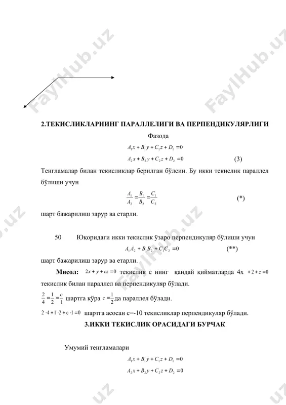 фазода текислик тенгламалари икки орасидаги бурчак текисликларнинг перпендикуляр ва параллелиги - Page 4