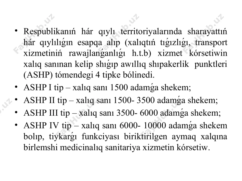 y-aq awıllıq shıpakerlik punktlerine, shańaraq poliklinikalarına, rayonnıń basqa medicina mákemelerine shólkemlestiriw-metodik basshılıqtı ámelge asırıw keselliklerdiń eń aldı menen juqpalı hám viruslı keselliklerdiń aldın alıw boyınsha profilaktika jumısların hámde tásirsheń is-ilájların ámelge asırıw nátiyjeli sanitariya-epidemiologiya baqlawın támiyinlew nawqaslarǵa medicinalıq járdem kórsetiwde diagnostika hám emlew standartların eńgiziw, sonday-aq rayon medicina mákemeleri tárepinen olarǵa boysınıwın qadaǵalaw medicina kadrlarınan durıs paydalanıw, olardıń qániygeliklerin asırıw hámde olardı tárbiyalaw is-ilájların islep shıǵıw há ámelge asırıw rayon den sawlıqtı saqlaw mákemelerin prognozlastırıw, qarjı menen támiyinlew hám olardıń materiallıq támiyinatın shólkemlestiriw. rayon medicina birlespesi dúzilisi qabıllaw bólimi profillengen bólim (keshiktirip bolmaytuǵın járdem bólimi, terapiya, pediatriya, rentgen bólimi, xirurgiya, juqpalı kesllikler bólimi, tuwıw úyi, tez medicinalıq járdem bólimi) járdemshi diagnostikalıq bólim administrativ-xojalıq bólom patologo-anatomik bólim qabıllaw bóliminiń tiykarǵı wazıypaları nawqastı qabıllawda diagnozın anıqlaw, epidemiologiyalıq anamnez jıynaw gospitalizaciya qılıw kerek yamasa qılıw kerek emesligin anıqlaw nawqaslardı bólimlerge bólistiriw kelgen nawqaslardı sanitar obrabotkadan ótkeriw kelip túsken nawqaslardı dizimge alıw keshiktirip bolmaytuǵın …
