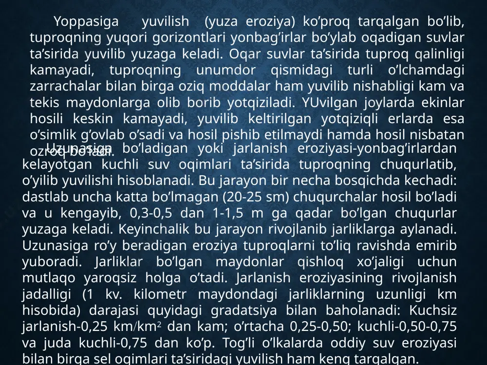 kasiga etarli rioya qilmaslik natijasida kelib chiqadi. bu eroziya tufayli suv jo‘yaklari tubini va pushtalarini yuvib, daladan juda ko‘p miqdorda mayda tuproq zarrachalarini oqizib ketadi, natijada erning unumdorligi pasayadi hamda bunday joylarda o‘simlik yaxshi o‘sa olmay, uning hosili kamayib ketadi. suv eroziyasi tashqi va ichki omillar ta’sirida kelib chiqadi. tashqi omillarga yog‘in miqdori, uning tez yoki sekin fursat ichida yog‘ishi, yil fasllarida taqsimlanishi, iqlim sharoitiga bog‘liq holda qor va muzliklarning erish sur’ati, erning nishabligi, tuproq betining o‘simliklar bilan qoplanish darajasi kiradi. ichki omillarga tuproqning hossalari, jumladan, donadorligi mexanikaviy tarkibi, suv o‘tkazuvchanligi, namlik darajasi, kimyoviy tarkibi, ayniqsa chirindi miqdori va boshqalar kiradi. agar tuproq donador, serchirindi hamda uning suv o‘tkazuvchanligi yaxshi bo‘lsa, suvda oson eruvchi tuzlar erda qancha kam bo‘lsa, eroziya ham shuncha kam rivojlanadi. shuning uchun sergumus va donadorligi yaxshi qora va o‘tloqi tuproqlar, kashtan va bo‘z tuproqlarga nisbatan eroziyaga ancha chidamli bo‘ladi. shamol eroziyasi. bu eroziya tufayli, ko‘pincha, tuproqning …
