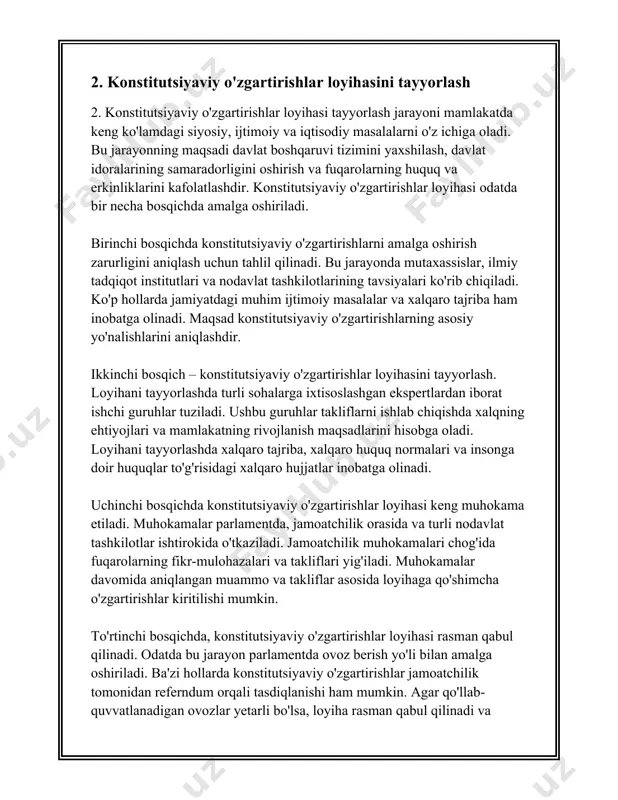 . loyihani o'rganish uchun maxsus qo'mitalarga topshiriladi. - **ikkinchi o'qish:** loyihaning detallari va moddalarini batafsil muhokama qilish kiradi. bu bosqichda qo'shimchalar va o'zgartirishlar kiritilishi mumkin. - **uchinchi o'qish:** yakuniy tahrir va qabul qilish jarayoni amalga oshiriladi. muhim masalalarga doir o'zgartirishlar kiritiladi va tajziyadan o'tkaziladi. 3. **parlamentda ishlash tartibi:** oliy majlisda o'zgarishlar muhokama qilinishi uchun bir qancha qo'mitalar faoliyat olib boradi, ular muayyan sohalarga ixtisoslashgan. masalan, qonunchilik va saylov qo'mitasi, byudjet va iqtisodiy islohotlar qo'mitasi, ta'lim, fan, madaniyat va sport qo'mitasi. 4. **raqamlar bo'yicha tahlil:** parlamentda ko'rib chiqiladigan qonun loyihalari va boshqa hujjatlar o'zgarishlar kiritilish jarayonida har bir qo'mita tomonidan taxminan 200-300 ta yig'ilish o'tkaziladi. har bir yilda o'rtacha 100-150 ta yangi qonun qabul qilinadi yoki amaldagi huquqiy hujjatlarga o'zgartirishlar kiritiladi. 5. **muhokama davomiyligi:** o'zgarishlarning mohiyatiga qarab, parlamentda muhokama va tasdiqlash jarayoni har bir bosqichda bir necha haftadan bir necha oygacha davom etishi mumkin. masalan, agar qonun loyihasi jamoatchilik va iqtisodiyot …