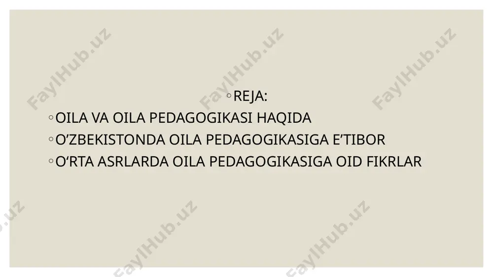 . mustaqillik munosabati bilan o‘zbeklarning oilaviy hayotida istibdod yillarida ta’qiq ostida bo‘lgan ba’zi xususiyatlarni tiklash masalasi hal qilinmoqda. mamlakatimizda ijtimoiy-iqtisodiy va ma’naviy-madaniy jabhalarda amalga oshirilayotgan tub islohotlar jarayonida oila masalasiga e’tibor davlat siyosati darajasiga ko‘tarildi. jamiyatda yuz beradigan barcha o‘zgarishlar oilaga, oiladagi ma’naviy muhit, uning ijtimoiy-iqtisodiy, madaniy darajasi esa jamiyatning ijtimoiy-iqtisodiy va ma’naviy taraqqiyotiga ta’sir qiladi. vatanimiz mustaqilligining qisqa davri ichida oila, onalik va bolalikning huquqiy manfaatlarini qonuniy muhofaza qilish, fuqarolarning huquqiy madaniyatini oshirish, oilaning ijtimoiy-iqtisodiy manfaatlarini ta’minlash, uy mehnati va madaniy-maishiy turmush sharoitini yaxshilash, oilaning ma’naviyaxloqiy asoslarini takomillashtirish, ko‘p bolali, kam ta’minlangan, nochor oilalarni, nogironlarni, qarovchisiz keksalar, yolg‘izlarni, yetim-yesirlarni ijtimoiy qo‘llab-quvvatlash, oilada ma’naviy va jismoniy barkamol shaxsni shakllantirish borasida keng qamrovli ishlar amalga oshiriladi. xalq donishmandlarining oila muammosi va tarbiyasi haqidagi qarashlari juda uzoq tarixiy ildizga egadir. xalq og‘zaki va yozma yodgorliklarida: maqol, hikmat, ertak, aytishuvlarda oila, ota –ona, oilaviy barqarorlik, o‘zaro munosabat masalasiga alohida e’tibor qaratilgan. oila va …