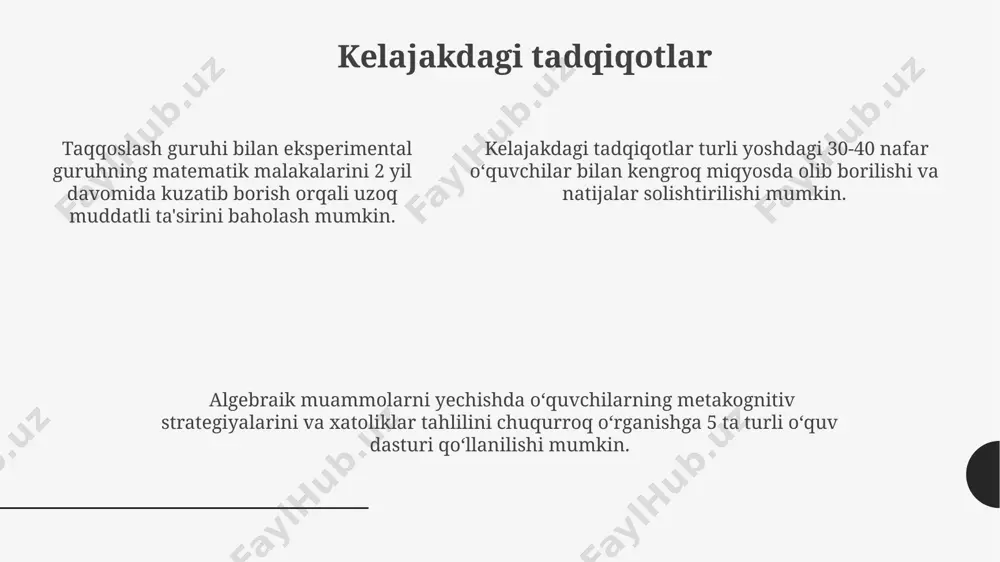 korlikni ta’minlaydi. taqdimot: muammoga asoslangan misol "taqdimot: muammoga asoslangan misol"da 10 ta shakardan 4 tasini do‘stingizga berganingizdan keyin qancha shakar qolganini topish masalasi, manfiy sonlar tushunchasini boshlang‘ich darajada taqdim etishga yordam beradi. muammoga asoslangan uslubda, 5 ta qushdan 2 tasi uchib ketgandan keyin qancha qush qolganini topish vazifasi yordamida tenglamalarni (masalan, 5-2=x) sodda shaklda tushuntirish samarali bo‘ladi. “taqdimot: muammoga asoslangan misol”da 3-sinf o‘quvchilariga 2 ta olma va 3 ta nok borligidan kelib chiqqan holda, jami mevalar sonini topish vazifasi orqali algebraik tushunchalarni boshlang‘ich darajada kiritish mumkin. uchinchi sinf o'quvchilari uchun algebra uchinchi sinf o'quvchilari uchun algebrada 2 dan 10 gacha bo'lgan sonlar bilan oddiy tenglamalarni (masalan, x + 3 = 5) yechishga oid muammolarni qo'llash, ularning algebraik fikrlash qobiliyatlarini rivojlantirishga yordam beradi. uchinchi sinf o'quvchilari uchun moslashtirilgan, raqamli kartalar yordamida o'yin shaklida berilgan tengsizliklar (masalan, x > 4, y 4, y < 7)ni hal qilish, ularning algebraga bo'lgan qiziqishini oshiradi …