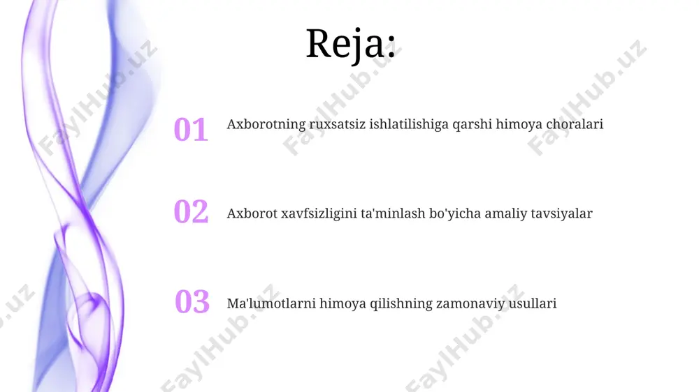 yaviy operatsiyalarni himoya qilishda, masalan, toshkentdagi banklarning ma'lumotlar bazalarida qo'llaniladi. xodimlarni o'qitish va xabardor qilish axborot xavfsizligi bo‘yicha 100 dan ortiq xodimlar samarqand va buxoroda joylashgan filiallarimizda o‘tkazilgan treninglardan o‘tdilar, natijada firibgarlik holatlari 25% ga kamaydi. korporativ siyosatlarga muvofiq, xodimlar har 6 oyda bir marta ma’lumotlar xavfsizligi bo‘yicha testdan o‘tishlari va kamida 80% ball to‘plashlari shart, aks holda qo‘shimcha o‘qitishga yuboriladi. tarmoq xavfsizligi va himoya devorlari ўзбекистоннинг шимолий вилоятларидаги банк филиалларида 10 гбит/с тезликдаги тармоқ уланишлари ва интрузион детекция тизимлари (ids) орқали кибержиноятлардан мукаммал ҳимоя таъминланган. самарқандда жойлашган маълумотлар марказидаги 500 дан ортиқ серверлар кластери виртуал хужумлардан vpn ва multi-factor authentication технологиялари орқали ҳимояланган. huquqiy jihatlar va javobgarlik ma'lumotlarning noqonuniy ishlatilishi natijasida yuzaga kelgan zararni qoplash to'g'risida da'vo arizasi toshkent shahar sudlariga berilishi mumkin, agar zarar miqdori 5000 aqsh dollaridan oshsa. o'zbekiston respublikasining 1996-yil 21-dekabrdagi 268-i-sonli “axborotlashtirish to'g'risida”gi qonuni axborotni noqonuniy ishlatish uchun javobgarlikni, shu jumladan, jarima va jinoiy javobgarlikni …