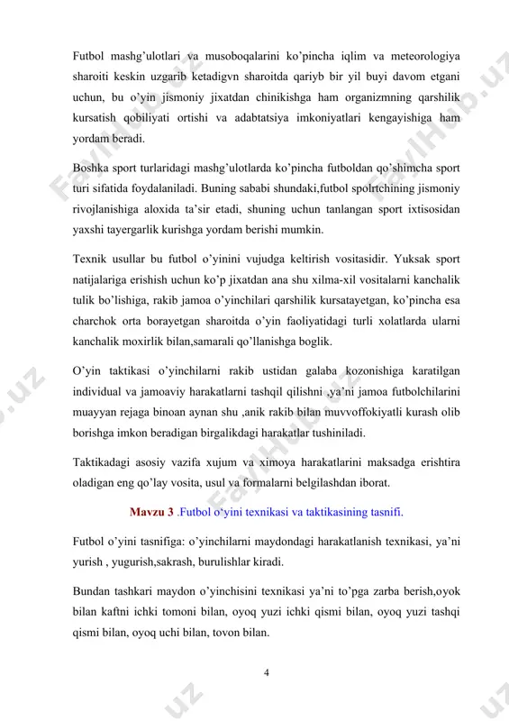 utkazib(kochish) finti. tepib fint qilish. to’pga kalla urib fint qilish. sirpanib(tashlanib),(shipagat kilib),to’pni olib kuyish. yelka bilan turtib to’pni olib kuyish. darvazabon o’yin texnikasi. to’pni ilib olish. to’pni yuqoridan ilib olish. to’pni yuqoridan sakrab ilib olish. to’pni yendan ilib olish. to’pni yikilib ilib olish. futbol о‘yini taktikasining tasnifi. futbol о‘yini taktikasining tasnifi ikki bo’limga xujum vaximoyadagi taktik harakatlarga bo’linadi. hujumdagi taktik harakatlarga-individual,guruhli,jamoaviy taktik harakatlar kiradi. uz navbatida individual taktik harakatlar darvazabon, maydon o’yinchisini individual taktik harakatlarga bo’linadi. guruxli taktik harakatlarga kombinatsiyalar kiradi. jamoaviy taktik harakatlarga esa kombinatsiyalar kiradi. darvozabonlar ham maydon o’yinchilarini ham to’p bilan hamda to’psiz harakatlanadilar. himoyadagi taktik harakatlarga-individual,guruhli,jamoaviy taktik harakatlar kiradi. himoyadagi taktik harakatlar ham darvazabon, maydon o’yinchisini ximoyadagi taktik harakatlarga bo’linadi. himoyadagi guruhli taktik harakatlarga straxovka,devor,suniy o’yindan tashkari xolatlar kiradi. jamoaviy taktik harakatlarga o’yin tizimlari 1+4+2+4, 1+4+3+3 ,1+4+4+2 , 1+4+4+2 kombinatsiyalar kiradi futbol о‘yin maydoni о‘lchamlar. о‘yin maydoni tо‘g‘ri burchak shaklida bo’ladi. yon chiziqlar darvoza chizig‘iga nisbatan …