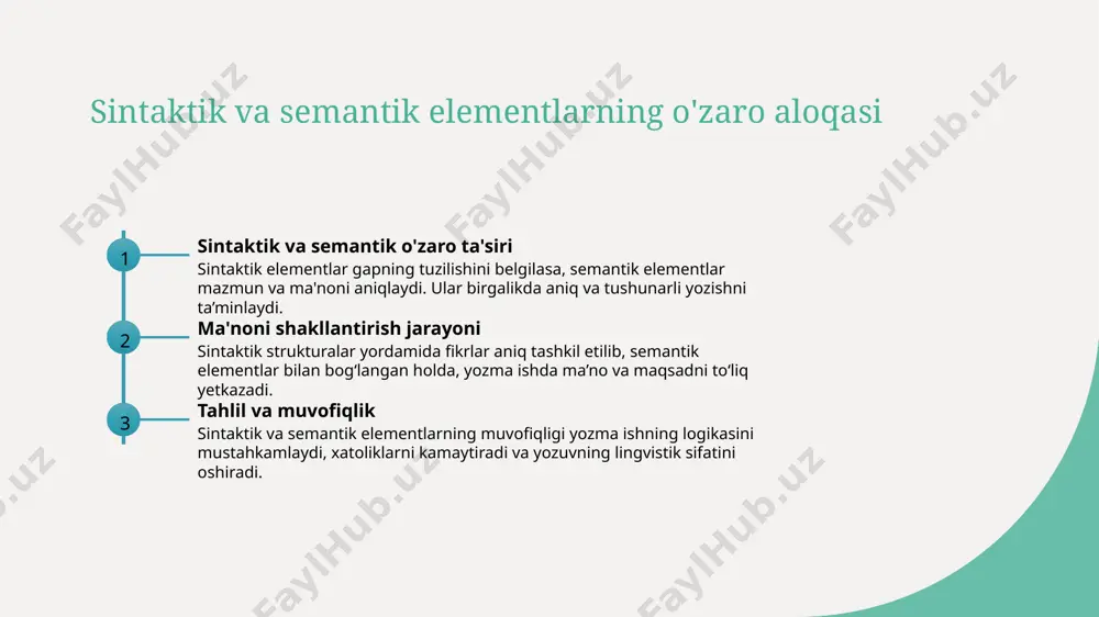tahlil texnikalari 01 madaniyat va til aloqasi madaniyat va til o'rtasidagi bog'liqlikni tahlil qilishda, nutqi va yozuvdagi madaniy elementlarning o'zaro ta'siri muhim. bu nuanslar yozma ishlarga chuqur mazmun qo'shadi. 02 nuanslarni aniqlash usullari tilshunoslar madaniyatga oid terminlar, idiomalar va so'z birikmalarini tahlil qilib, madaniyat va til nuanslarini aniqlash uchun aniq texnikalar qo'llashadi. bu yozma ishni boyitadi. 03 kontekstga e'tibor yozma ishda madaniy kontekstni hisobga olish uchun, yozuvda ishlatilgan so'zlar va iboralar madaniyatga mosligini, shuningdek, ularning ma'nosini to'g'ri tushunishni ta'minlash muhim. akademik yozuvda lingvistik xususiyatlarni rivojlantirish uchun uslublar aniq va tushunarli til akademik yozuvda tilni aniq va tushunarli qilish uchun murakkab iboralar va noaniqlikdan qochish, aniq ma’no va mantiqiy strukturaga e'tibor berish muhim. sintaktik moslik yozuvda sintaktik elementlarning to'g'ri va lo‘nda tuzilishi, fikrlarning ravon va mantiqiy ketma-ketligini ta’minlash, axborotni samarali yetkazishga yordam beradi. formal uslub va an’ana akademik yozuvda formal uslubni saqlash, mustahkam va rasmiy tilni qo‘llash, shuningdek, madaniy va ilmiy …