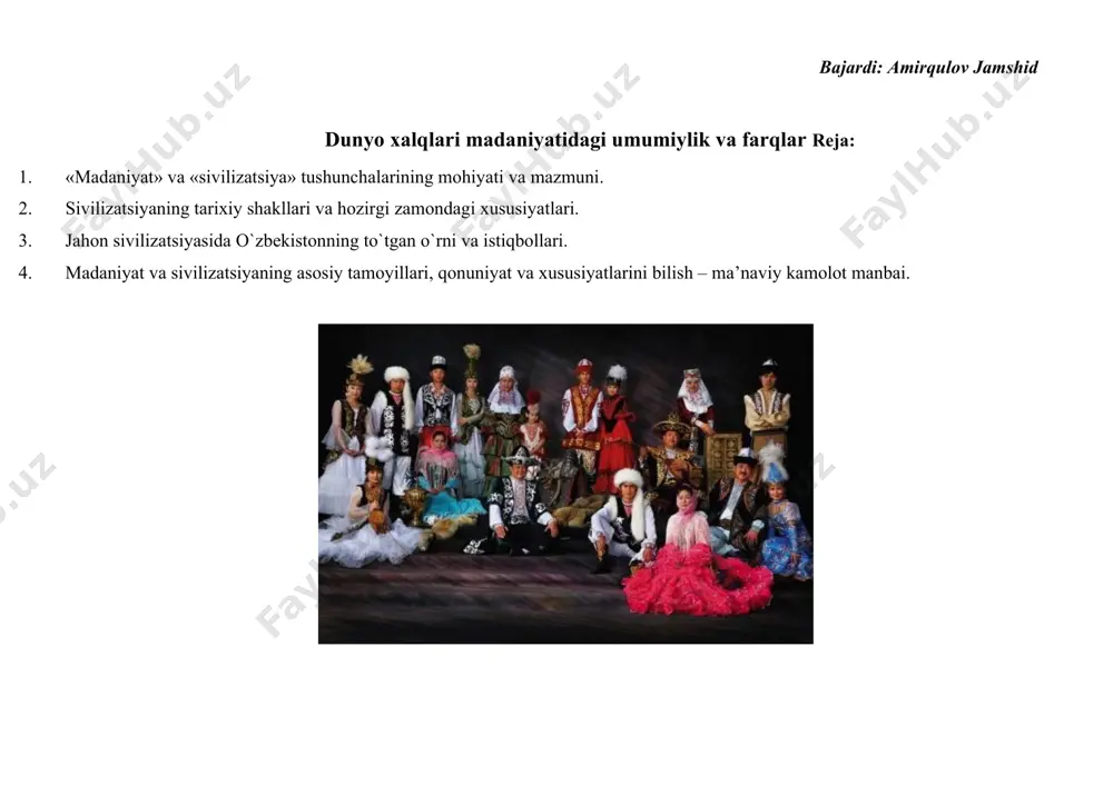 allomalarning nomlari insoniyat tarixiga abadiy muxrlangan. hozirgacha insoniyat tarixini o`rganadigan mutaxassislar bu davrdagi yunoniston madaniyatini jahon sivilizatsiyasining beshiklaridan biri sifatida talqin etadilar. тaxminan ana shu davrda «avesto» kitobini yaratgan yurtdoshlarimiz madaniyati ham yo`qsak bo`lganini bugungi kunda ko`pgina mutaxassislar e’tirof etmogda. хuddi shunday madaniy taraqqiyotni yurtimiz tarixining vii-xii asrlarida yoki soxibkiron amir тemur xukmronlik qilgan davrda ham ko`zatish mumkin. madaniyat inson bilimlari, kunikma va tajribalarini, ma’naviy saloxiyatini hamda amaliy faoliyat jarayonida inson ideallarining ro`yobga chiqishi va shaxs sifatida kamol topish jarayonini o`zida aks ettiradi. madaniyat va sivilizatsiya tushunchalari o`zaro bog`liq bo`lsa-da, turlicha mazmun va xususiyatga egadir. ba’zi olimlar madaniyat, o`zining kelib chiqishiga ko`ra, sivilizatsiyaga nisbatan qadimiydir, u mohiyatan sivilizatsiyaning ruxi, jonidir, deb xisoblaydi. masalan, a. тoynbi «тarixning idrok qilinishi» asarida shunday fikrlarni bayon etadi. franso`z olimi r. aron ham shunga yaqin xulosaga keladi. uning fikricha, aynan madaniyat va sanoat soxasidagi tanazzul asta-sekin insoniyatni krizislar botkokiga botirishi, bu esa, umumbashariyatning kelajagini xavf …