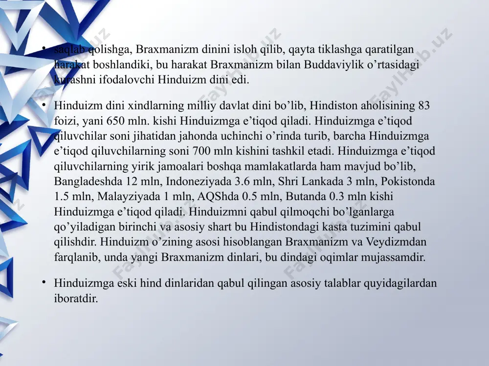 lmas qahramon sifatida ta’riflanadi. krishna urushda ham, sevgida ham yengilmas bahodir, ammo juda ayyor tabiatga ega bo’lib, xalq orasida u erotik iloh hisoblanadi.krishnaga sig’inuvchilar mattra shahri va uning atrofida yashaydilar. vishnuizm bayramlari turli tuman bo’lib, ba’zilari umumiy, ba’zilari esa tabaqalarga ajratilgan holda o’tkaziladi.vishnuizm bayramlarida duolar o’qilib, ta’zim bajo keltiriladi. ommaviy diniy marosimlarda qatnashiladi, turli hadya va qurbonliklar qilinadi, ibodatxona yaqinida yoki ichidagi muqaddas xovuzda cho’milinadi va bu tadbir majburiy bo’lib hisoblanadi. marosimlar ba’zida bir necha kunga cho’zilib, bu marosimlarda xudolar hamda ruhoniylarga hadyalar ataladi. qurbonliklar turli gullar, xushbo’y narsalar, ovqatlar, xudolar nomiga atab ozod qilinadigan va so’yiladigan hayvonlardan iborat bo’ladi. qadimgi davrlardan boshlab sigir hindlar e’tiqodidagi muqaddas hayvonlardan biri bo’lib hisoblanib, sigirni qurbonlik qilish yoki boshqa maqsadlarda o’ldirish katta gunoh hisoblangan. sigirning besh mahsulotidan tayyorlangan panchagavyam hinduiylar e’tiqodiga ko’ra odamlarni va uylarni poklashda alohida kuchga egadir. hinduizmda sigir muqaddas hayvon hisoblanganligi uchun u xudolar bilan bir qatorda ehtirom qilinadi.vishnuizmdagi muqaddas …