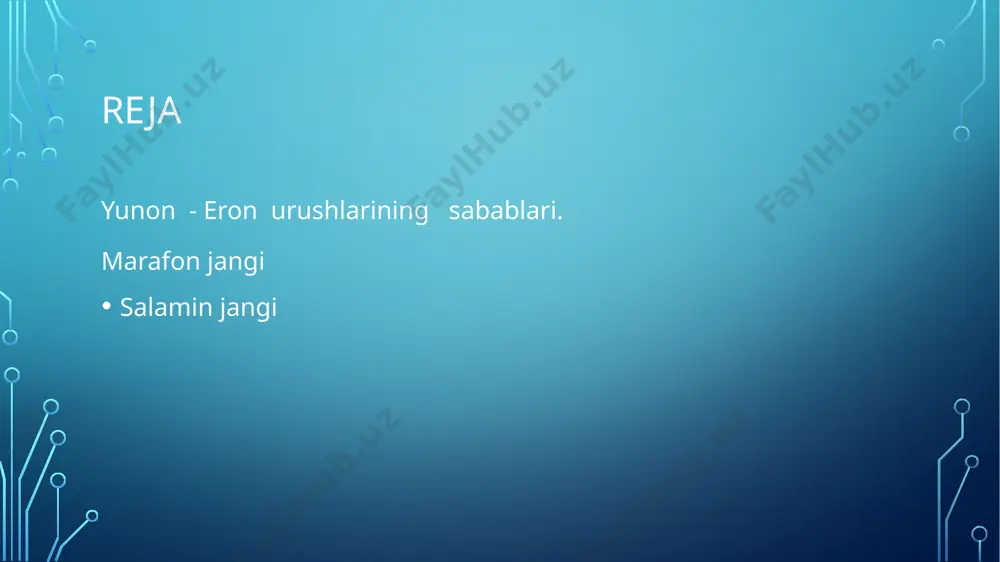 nliklar evbiya oroliga qo‘shin tushirib, tеzda erеtriyani bosib olganlar. datis o‘z qo‘shinlarini attikaning shimoli-sharqidagi marafon qishlog’i yaqiniga tushirgan. marafon afinadan 42 km masofada joylashgan manzil edi. eron qo‘shinlarining marafonga tushganliklari haqidagi xabar yunoniston bo‘ylab tеz tarqaladi. yunonistonning ko‘pgina polislaridagi aslzodalar dushmanga qarshi hеch qanday chora ko‘rmaydilar. ammo afina dеmosining ko‘pchilik qismi vatan uchun hayot-mamot kurashiga otlanganlar. attikada safarbarlik e’lon qilingan. og’ir qurollangan jangchi-goplitlar lashkari va yеngil qurollangan barcha yordamchi qo‘shinlar jangovar holatga kеltirilgan. xalq yig’ini eronliklarning afinaga hujum qilishini kutib turmasdan jang boshlashga qaror qilgan. qo‘shni bеtsiyadagi kichkina platеya shahrining mingta jangchidan iborat askarlari ham afina qo‘shinlariga kеlib qo‘shiladilar. afina qo‘shiniga 10 sarkarda va bir arxontpolеmark navbat bilan qo‘mondonlik qilgan. afina yordam so‘rab, spartaga chopar yuborgan. ammo spartaliklar to‘lin oy chiqmasdan turib, yordamga kеla olmasliklarini bildirganlar. afinaning jangovar qo‘shiniga miltiad qo‘mondonlik qilgan kun u butun lashkarni jangovar tartibda saflagan va eronliklarga qarshi hujumga o‘tgan. marafon yonida hayot-mamot jangi bo‘lgan. yunon …