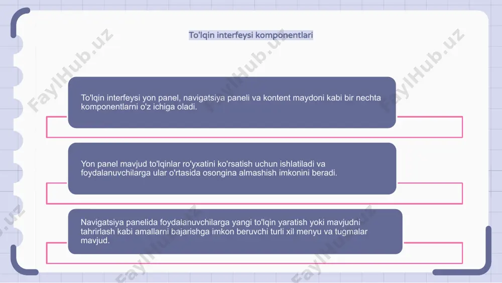 sxemasini va shriftlarni osongina o'zgartirishi mumkin. to'lqin interfeysi bilan foydalanuvchilar bir nechta oldindan o'rnatilgan mavzulardan tanlash yoki o'zlarining shaxsiy mavzularini yaratish moslashuvchanligiga ega. bu foydalanuvchilarga interfeysni brending yoki shaxsiy imtiyozlari bilan moslashtirish imkonini beradi. bundan tashqari, to'lqin interfeysi ma'lumotlarni tartibga solish va ko'rsatish uchun turli xil variantlarni ham taqdim etadi. foydalanuvchilar vidjetlarning joylashuvi va hajmini, shuningdek, ularning paydo bo‘lish tartibini sozlashi mumkin. to'lqin interfeysidagi qiyinchiliklar to'lqin interfeysidagi birinchi qiyinchilik - ishlatiladigan texnologiyaning murakkabligi. to'lqinli interfeys - bu murakkab algoritmlar va matematik modellarni chuqur tushunishni talab qiladigan juda ilg'or texnologiya. yana bir qiyinchilik - to'lqin interfeysini amalga oshirishning yuqori narxi. to'lqin interfeysini qo'llab-quvvatlash uchun zarur bo'lgan ilg'or apparat va dasturiy ta'minot qimmat bo'lishi mumkin, bu esa uni ba'zi korxonalar va jismoniy shaxslar uchun imkonsiz qiladi. nihoyat, to'lqin interfeysi yuqori darajadagi foydalanuvchi tayyorgarligini va tanishligini talab qiladi. yangi foydalanuvchilarga to'lqin interfeysi bilan qanday munosabatda bo'lishni va uning xususiyatlaridan to'liq foydalanishni tushunish qiyin …