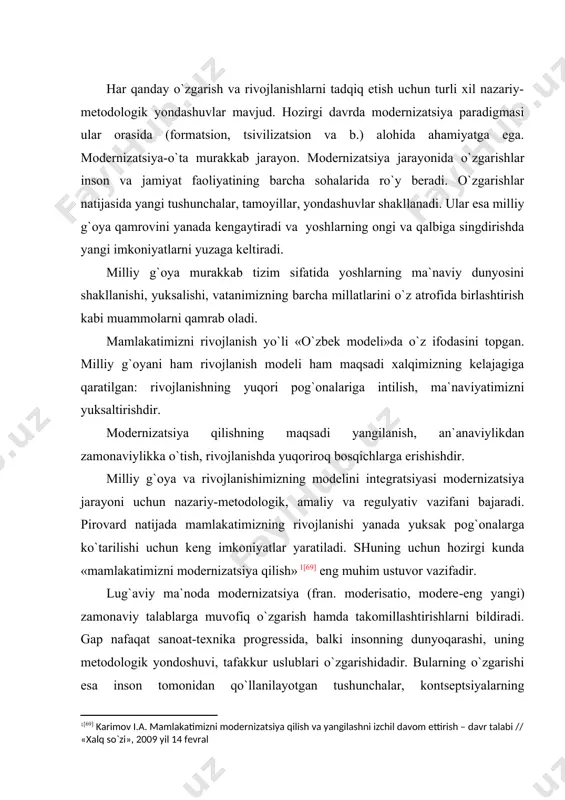 nika progressida, balki insonning dunyoqarashi, uning metodologik yondoshuvi, tafakkur uslublari o`zgarishidadir. bularning o`zgarishi esa inson tomonidan qo`llanilayotgan tushunchalar, kontseptsiyalarning o`zgarishiga olib keladi. modernizatsiya jarayoni xviii asrda boshlangan. inson faoliyatiga ilmiy hamda muhandislik bilimlarning kirib kelishi va ulardan keng miqyosda foydalanish mahsulidir. modernizatsiya paradigmasi хх asrning o`rtalarida shakllandi. uning asosiy vazifasi insoniyat faoliyatining barcha sohalarida an`analikdan zamonaviylikka o`tishidir. modernizatsiya paradigmasi rivojlanishini bir nechta pog`onaga ajratish mumkin. shuni ta`kidlash mumkinki, nazariy-metodologik yondashuvlar rivojlanishi real jarayonlar bilan uzviy bog`liqlikda shakllangan va ularning ta`sirida nazariyalarga o`zgartirishlar kiritilgan. modernizatsiya paradigmasi doirasida ko`pdan-ko`p nazariy-metodologik va хususiy fanlarga asoslangan yondashuvlar yaratilgan. ilk bor paydo bo`lgan modernizatsiya paradigmasi-linear modeli (1950-1960 yy.), qisman ko`p chiziqli aktorli (ba`zan etib oluvchi deb ataladi) (1970-1990 yy.), tuzilmaviy modellar mavjud. hozirgi paytda modernizatsiya paradigmasi rivojlanib bormoqda, yangicha yondashuvlar asosida nazariyalar vujudga kelmoqda. ya`ni, an`anaviy va zamonaviy yondashuvlar orasida katta farq bor. rivojlanish jarayoni modernizatsiya paradigmasi doirasida turli хil nuqtai nazar asosida tahlil qilingan. …