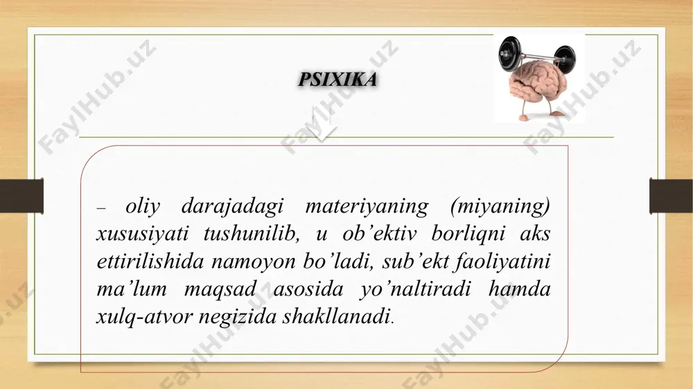 lib chiqish sababini, tasir darajasini o’rganuvchi va uni davolash yo’llarini izlovchi psixologiya bo’limidir. 3. ijtiomoiy psixologiya – kishilarning ijtimoiy guruhlarga birlashishini, guruhiy tavsifni, shaxsning ruxiy faoliyati va xulq – atvorini, ijtiomoiy psixologik qonuniyatlarni, holatlar, hodisalar, ularning qiziqishlarini, nimani yoqtirishi va yoqtirmasligini kabilarni o’rganuvchi va tushuntirib beruvchi psixologiya sohasidir 4. ekspirimental psixologiya – psixik jarayonlar va hodisalarni ilmiy metodlar yordamida labaratoriyalarda ularni o’rganuvchi psixologiya bo’limi. bu ekspirimentlar asosan hayvonlarda va qushlarda, so’ngra ixtiyorga qarab odamlarda amalga oshiriladi. 5. fizologik psixologiya – psixologiyaning bu bo’limi hatti harakatlarning fizologik va biologik asoslarini o’rganadi. atrof muhit, tananing fizologik tuzilishi, miya ishi, nerv sistemalari va ularning ishlash faoliyati va shunga oxshash boshqalar bu bo’limning asosiy predmetlaridir. 6. para – psixologiya – qo’shimcha sezgi turlari, qayta tug’ilish asoslari, telepatiya va o’zga sayyoraliklar haqidagi muomolarga javob izlaydi. 7. geo – psixologiya – landshaft, tuproq, havo o’zgarishlarining tabiatga aloqador tamonlarini o’rganuvchi psixologiya bo’limi. 8. rivojlanish psixologiyasi – psixologiyaning …