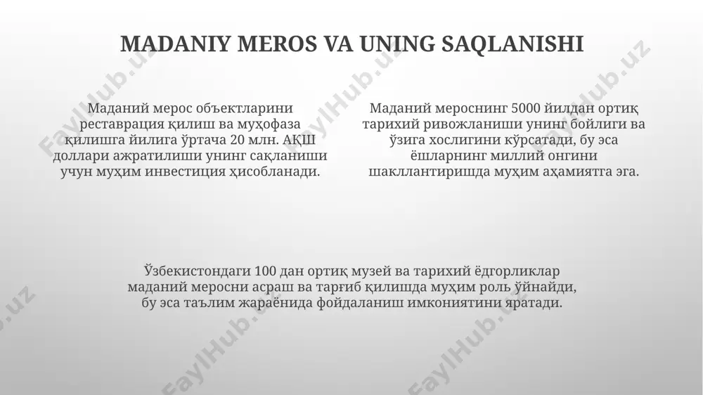 i. urf-odatlar orqali tarixni o'rganish urfo-odatlarga oid 100 dan ortiq qo'lyozma va og'zaki manbalarning tahlili, o'tmishdagi siyosiy voqealar, ijtimoiy tuzumlar va madaniy aloqalar haqida qimmatli ma'lumotlarni ochib beradi. an'anaviy bayram marosimlari va ularning 10-20 yil oralig'ida o'zgarishi, o'sha davr ijtimoiy-iqtisodiy holatini, qadriyatlar tizimining rivojlanishini aks ettiradi va tarixiy tahlil uchun muhim manba hisoblanadi. urfo-odatlar orqali 500 yildan ortiq davom etgan hunarmandchilik an'analari, masalan, xalq qo'g'irchoqchilik yoki kulolchilik kabi, avlodlar davomida o'zgarish va taraqqiyot bosqichlarini kuzatish imkonini beradi. ta'limda milliy urf-odatlarning roli ta'lim jarayonida milliy urf-odatlarning 50% dan ortig'i ijtimoiylashuv va axloqiy tarbiya vositasi sifatida qo'llanishi mumkin, bu esa o'quvchilarning 70% da o'z-o'zini anglashni kuchaytiradi. milliy an'analar, masalan, "navro'z" bayrami, tarixiy voqealarni o'rganish, til boyligini oshirish va madaniy merosga hurmatni shakllantirishda muhim rol o'ynaydi (taxminan 30% ga). urf-odatlarni o'rganish orqali o'quvchilar 20 dan ortiq xalq og'zaki ijodi namunalarini o'zlashtirib, milliy g'urur va vatanga muhabbat tuyg'ularini rivojlantiradilar. e'tiboringiz uchun rahmat @taqdimot_robot image1.png …