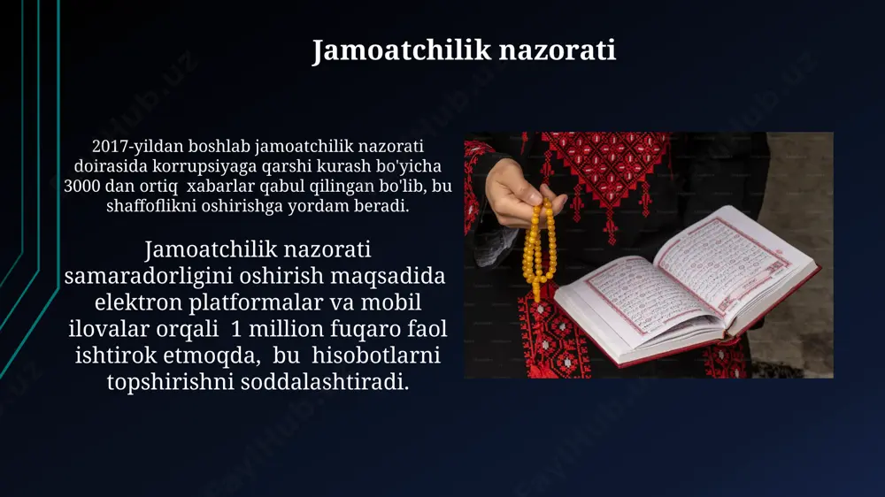 shirishga yordam beradi. qonun hujjatlari va normativ-huquqiy bazasi “qonun hujjatlari va normativ-huquqiy bazasi” elektron shaklda ham mavjud bo'lib, huquqiy axborotga kirish imkoniyatini 24/7 ta'minlaydi va fuqarolar uchun qulaylik yaratadi. “qonun hujjatlari va normativ-huquqiy bazasi” oʻzbekiston respublikasining huquqiy tizimining asosiy tarkibiy qismini tashkil etadi va 200 dan ortiq qonun va 1000 dan ziyod farmonlarni o'z ichiga oladi. "qizil kitob"ning yangilanishi “qizil kitob”ning yangilanishi, ekologik monitoring va muhofaza choralari samaradorligini baholashda muhim maʼlumotlar bazasini yaratadi, shu jumladan 20 ga yaqin milliy bogʻlarni qamrab oladi. yangilangan “qizil kitob”da noyob va yoʻqolib ketish xavfi ostida turgan 100 ga yaqin tur iucnning tahdid darajasi boʻyicha baholandi. "qizil kitob"ga kiritilgan turlar “qizil kitob”ga 170 dan ortiq o‘simlik turi, shu jumladan, 10 turi butunlay yo‘qolib ketish xavfi ostida ekanligi qayd etilgan. hayvonot dunyosidan 80 dan ziyod tur “qizil kitob”da o‘rin olgan bo‘lib, ularning aksariyati endemik va noyob hisoblanadi. e'tiboringiz uchun rahmat @taqdimot_robot image1.jpg image2.jpg image3.jpg image4.jpg image5.jpg …