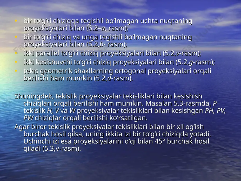 lan hosil qilgan  burchagi n va h tekisliklar orasidagi burchakning haqiqiy qiymatiga teng. frontal proyeksiyalovchi tekislikka tegishli bo‘lgan tekis shakllarning frontal proyeksiyalari to‘g‘ri chiziq bo‘ladi va tekislikning frontal izi bilan ustma-ust tushadi (6.7-rasm). a) b) 6.7-rasm 6.2.3. profil proyeksiyalovchi tekislik ta’rif. profil proyeksiyalar tekisligiga perpendikulyar tekislik profil proyeksiyalovchi tekislik deb ataladi. bu tekislikning gorizontal gh va frontal gv izlari ox o‘qiga parallel bo‘ladi (6.8-a, rasm). g profil proyeksiyalovchi tekislikning h va v tekisliklar bilan hosil qilgan  va  burchaklari 4.8-b,rasmda ko‘rsatilganidek haqiqiy kattalikda proyeksiyalanadi. shuningdek, profil proyeksiyalovchi tekislik proyeksiyalar o‘qi ox dan ham o‘tishi mumkin (6.9,a-rasm). u holda g tekislikning gorizontal gh va frontal gv izlari ox o‘qida bo‘ladi va tekislikning fazoviy vaziyatini aniqlab bo‘lmaydi. shuning uchun bunday hollarda mazkur tekislikning profil izi yoki shu tekislikka tegishli bo‘lgan biror a(a′, a″) nuqtaning ikki proyeksiyasi beriladi (5.9-,b rasm). bu nuqtaning a″′ proyeksiyasi orqali tekislikning profil izini yasash mumkin (6.10-rasm). …