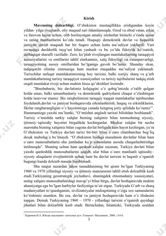 hidan keyin turkiyadagi ijtimoiy – siyosiy vaziyat murakkab edi. natijada mamlakat hayotida ko’plab ichki muammolar va hukumatga nisbatan ishonchsizlik, noroziliklar paydo bo’ladi. bu esa mamlakatning siyosiy boshqaruvida qanaqadir o’zgarish qilishni talab qilardi. demak turkiyaning bu davrdagi tarixini o’rganish 1960 – yilgi harbiy to’ntarishdan oldin mamlakatdagi vaziyat va o’sha harbiy to’ntarish o’tkazishning sabablari, shart – sharoitlari va oqibatlarini o’rganish bilan ahamiyatli va dolzarb hisoblanadi. qolaversa, 1946 yilda tashkil topgan va o’sha davrda hukmron partiya hisoblangan demokratik partiya dastlab faoliyatini boshlaganida demokratik islohotlkarni chuqurlashtirishga katta e’tibor bergan. mavzuning maqsad va vazifalari kurs ishidan ko’zlangan 1960 – 1970- yillardagi turkiyada harbiy tuzum davrini o’rganish hamda bu davrda yuz bergan ijtimoiy – siyosiy voqealarni, jarayonlarni chuqur yoritish va tahlil qilishdan iborat. asosiy vazifalar quyidagilardan iborat: turkiyada 1960 – 1970 – yillarda harbiy tuzum davrida yuz bergan ijtimoiy – siyosiy jarayonlarni aniq dalillar asosida yoritib berish; xx asr 50 – yillarining oxirida turkiyadagi ijtimoiy – …