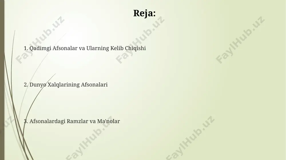 rtiq turi mavjud, jumladan, ajdaho, fenghuang va qilin kabi sehrli hayvonlar. dunyo xalqlarining afsonalari o'zbek xalq ertaklari va afsonalari orasida "alpomish" dostonining 7 ta variantini o'rganish mumkin bo'lib, ularning har biri o'ziga xos xususiyatlarga ega. qadimgi yunon mifologiyasi, 12 ta oliy xudoning (olimp xudolari) hukmronligi haqidagi afsonalar, butun madaniyatga chuqur ta'sir ko'rsatgan. dunyo xalqlarining afsonalarida 3000 dan ortiq xudo va xudolarga oid hikoyalar mavjud bo'lib, ularning ko'pchiligi tabiat hodisalari, qahramonlar va insoniy fazilatlar bilan bog'liqdir. slavyan afsonalari slav mifologiyasida 12 ta asosiy xudo mavjud deb hisoblanadi, ularning har biri o'ziga xos vazifalarni va ramziy ma'nolarni o'z ichiga oladi, bu esa butun dunyoqarash tizimini shakllantiradi. slav xalq ertaklari va afsonalarida sehrli sonlar, masalan, 3, 7, 12 kabi raqamlar muhim rol o'ynaydi, bu raqamlar voqealarning muhim ahamiyatini va ramziy ma'nolarini ta'kidlaydi. slav afsonalarida 3 ta asosiy qahramon – veles (sehrgarlik va yer osti olamining xudosi), perun (momaqaldiroq va chaqmoq xudosi) hamda svarog …