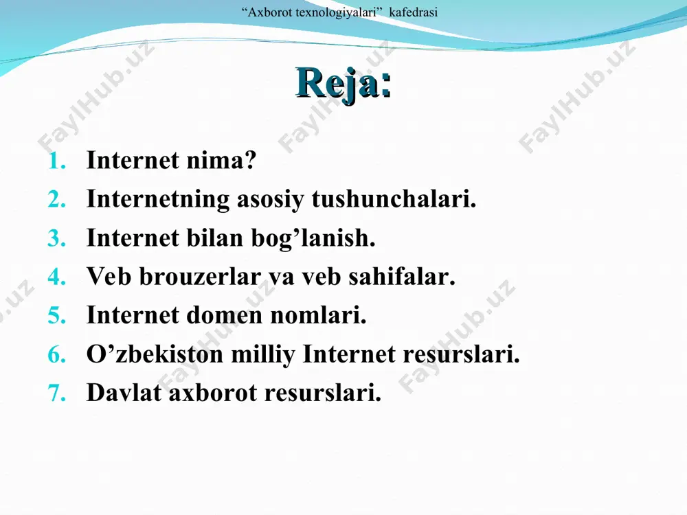 kon beruvchi dastur hisoblanadi. web brauzerlar interpretatsiyani bajaradi yoki web saytlardan html kodni o`tkazib natijani ko`rsatadi. bu ko`pinhca video, tasvir yoki ovoz ko’rinishida ham bo`lishi mumkin. ko`pgina brauzerlar quyidagi xususiyatlarga ega bo`lishadi: •ular uy sahifasiga ega bo`lishadi •ular foydalanuvchilarning yaxshi ko`rgan web saytlar/saxifalarini saqlash imkoniga egalar •ular foydalanuvchi kirgan saytlar tarixini saqlab qolishadi •ular ochilgan web saytlarda orqaga va oldinga boorish imkonini ta`minashadi.1 1david watson and helen williams, computer science, ® igcse is the registered trademark of cambridge international examinations, 2014. “axborot texnologiyalari” kafedrasi veb sahifalar veb sahifalar asosan o’zida ma`lumotlarni jamlovchi konteyner hisoblanib, ularning ikki turi mavjud: statik – o’zgarmas veb sahifalar dinamik – murojatga nisbatan shakllantiriladigan veb sahifalar “axborot texnologiyalari” kafedrasi veb brouzerlar ko’rinishlari “axborot texnologiyalari” kafedrasi internet domen nomlari uz - uzbekistan kg - kyrgyzstan kz - kazakhstan ru - russia ua - ukraine uk - united kingdom us united states com - commercial edu - us …