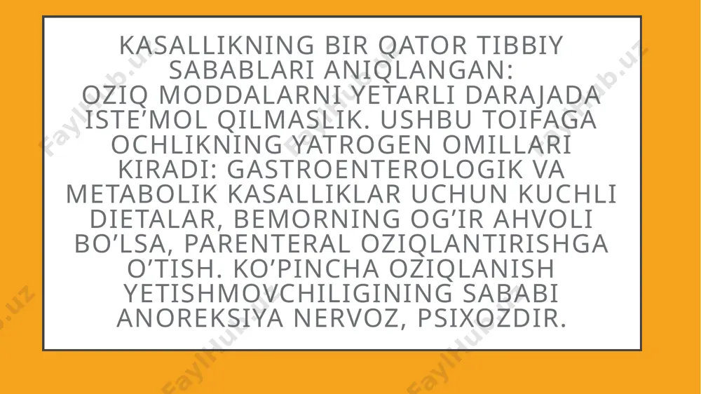 eykotsitlarning mutlaq sonining 1 mkl uchun 2000 dan kam hujayralarga tushishi hisoblanadi. qorin bo’shlig’ining ultratovush tekshiruvi. oddiy noinvaziv usul kasallikning ikkilamchi shakliga shubha qilinganida tavsiya etiladi va oshqozon-ichak trakti bilan bog’liq muammolarni aniqlash imkonini beradi. ultratovush tekshiruvida patologik o’zgarishlar aniqlanganda, bariy o’tish rentgenografiyasi, ercp va klinik gastroenterologiyada qo’llaniladigan boshqa diagnostika usullari qo’llaniladi. davolash davolash usullari ozuqaviy yetishmovchilikning bosqichiga qarab belgilanadi. yengil va o’rtacha og’irlikda, agar bemorlar mustaqil ravishda ovqatlanishlari mumkin bo’lsa, terapiya muvozanatli dietani tanlashdan iborat. ratsionda protein miqdori tana vazniga 1,5-2 g / kg gacha oshiriladi va dietaning umumiy kaloriya miqdori ortadi. ishtahaning keskin kamayishi, chaynash yoki yutish jarayonlarining buzilishi bilan suyuq oziq moddalar aralashmalari buyuriladi. keyinchalik jiddiy muammo – bu og’ir peyni davolash. qoidaga ko’ra, bemorlar mustaqil ravishda ovqatlana olmaydilar, shuning uchun muvozanatli aralashmalar yoki parenteral oziqlantirishda naycha bilan oziqlantirish talab qilinadi. energiya tanqisligini to’ldirishdan tashqari, gomeostaz buzilishlarini tuzatish uchun suv-elektrolit aralashmalari kiritiladi. protein-energiya yetishmovchiligining ikkilamchi shaklida gastroenterolog …