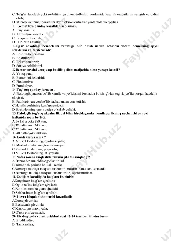 at? a. insonlar bilan o’zoro munosabatni yo’lga qo’yish va gipnoz xolati; b. insonlarni tabiatini o’rganish; c. insonlarni kasbiga nisbatan qobiliyatini o’stirish; d. insonlar bilan o’zoro munosabatni yo’lga qo’yish va xushmuomilalikni o’rgatish. 8. hamshiralik ishi falsafasining etik komponеntlariga qaysilar kirmaydi? a. dеontologiya; b. qadr-qimmat; c. ezgulik; d. xurfikrlilik. 9. kasallik - bu nima? a. salomatlikni mustahkamlash, profilaktik emlashlar yordamida kasallikning oldini olish va boshqalar; b. bu - tibbiy atama bo’lib, organizmda muayyan simptomlar bilan birga kechadigan patologik o’zgarishlarni tavsiflovchi holatni anglatadi; c. bu - faqat kasallik yoki biror bir a’zo faoliyatidagi buzilish emas, balki ham jismoniy, ham ruhiy, ham ijtimoiy plandagi eng yaxshi holatdir; d. bu - atrof – muhit bilan shaxs hayotining bog’liqligi, shu muhitga insonning moslashuvi natijasi. 10. ikkilamchi profilaktikani ko’rsating: a. salomatlikni mustahkamlash, profilaktik emlashlar yordamida kasallikning oldini olish va boshqalar; b. kasallikning boshlang’ich davrida simptomlarni aniqlash va davolash yo’li bilan ularning rivojlanishining oldini olish; c. to’g’ri davolash …