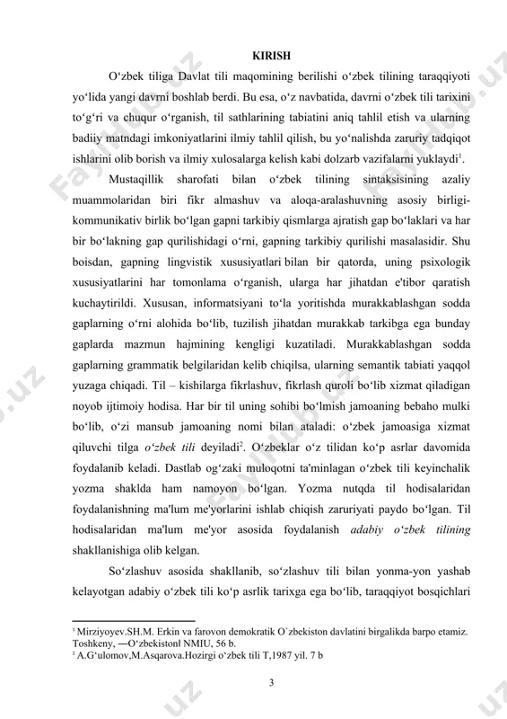 rqali jahonga oʻz soʻzini aytib kelganlar. shu tilda buyuk madaniyat namunalarini, ulkan ilmiy kashfiyotlar, badiiy durdonalar yaratganlar. oʻtmishda oʻlkamizni bosib olgan turli yovuz kuchlar bizni avvalo oʻz tilimizdan, tariximiz va ma’daniyatimizdan, dinu diyonatimizdan judo qilishga qayta-qayta urindilar. ular el-yurtimiz boshiga qanday a’zob-uqubatlar, kulfat va musibatlar solgani tarixdan yaxshi ma‘lum. ammo ja’sur va matonatli xalqimiz har qanday ogʻir sinovlarda ham oʻz ozodligi va istiqloli uchun mardona kurashdi. bu yoʻlda behisob qurbonlar berdi. har qanday zulm va zoʻravonliklarga qaramasdan, oʻz ona tilini - milliy gʻururini saqlab qoldi. nafaqat saqlab qoldi, balki uni har tomonlama rivojlantirib, bugungi avlodlarga bezavol yetkazib berdi. bu borada ma‘naviy jasorat va fidoyilik koʻrsatgan buyuk arboblarimiz, adib va olimlarimiz, ulamolarimiz, ulugʻ san‘atkorlarimizning xotirasini bugun hurmat va ehtirom bilan yod etamiz. kurs ishining maqsadi: badiiy matnda yuklamalar vositasida bogʻlangan qoʻshma gaplarni tadqiq etish va oʻrganish asosiy maqsadi hisoblanadi. kurs ishining vazifasi: kurs ishining mavzusidan kelib chiqqan holda badiiy matnda yuklamalar …