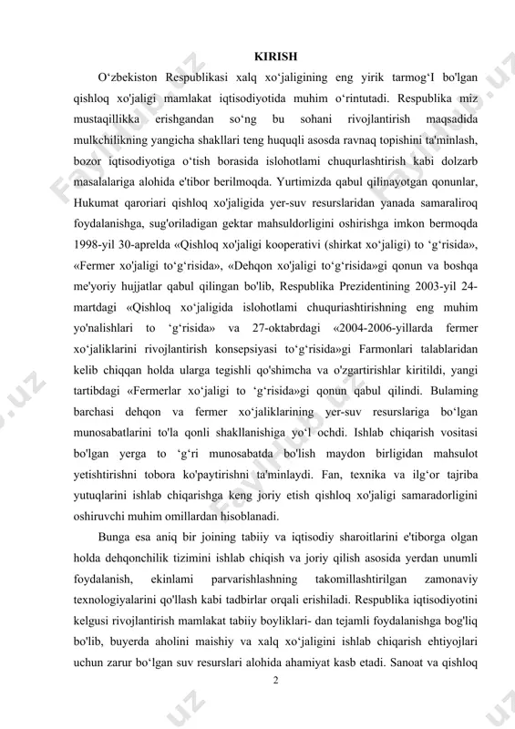 iklarining yer-suv resurslariga bo‘lgan munosabatlarini to'la qonli shakllanishiga yo‘l ochdi. ishlab chiqarish vositasi bo'lgan yerga to ‘g‘ri munosabatda bo'lish maydon birligidan mahsulot yetishtirishni tobora ko'paytirishni ta'minlaydi. fan, texnika va ilg‘or tajriba yutuqlarini ishlab chiqarishga keng joriy etish qishloq xo'jaligi samaradorligini oshiruvchi muhim omillardan hisoblanadi. bunga esa aniq bir joining tabiiy va iqtisodiy sharoitlarini e'tiborga olgan holda dehqonchilik tizimini ishlab chiqish va joriy qilish asosida yerdan unumli foydalanish, ekinlami parvarishlashning takomillashtirilgan zamonaviy texnologiyalarini qo'llash kabi tadbirlar orqali erishiladi. respublika iqtisodiyotini kelgusi rivojlantirish mamlakat tabiiy boyliklari- dan tejamli foydalanishga bog'liq bo'lib, buyerda aholini maishiy va xalq xo‘jaligini ishlab chiqarish ehtiyojlari uchun zarur bo‘lgan suv resurslari alohida ahamiyat kasb etadi. sanoat va qishloq xo'jaligi taraqqiyoti sur'atlarining o'sishi, shuningdek, aholi sonining ortishi qo'shimcha suv miqdorlarin italab qilmoqda. tabiiy holatdagi rejimi, hajm va sifati kabi ko'rsatkichlari bo'yicha suv manbalarining talabga yetarlicha javob beraolmasiigi ushbu muammo yechimini murakkablashuviga olib kelmoqda. kurs ishining maqsadi va vazifasi: keng …