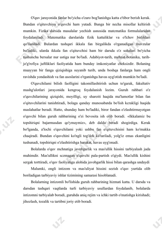 'ullik hissini tarbiyalash juda muhimdir. mas'ullikni sczmagan o'quvchi pala-partish o'qiydi. mas'ullik kishini sergak torttiradi, o'quv faoliyatiga alohida javobgarlik hissi bilan qarashga undaydi malumki, ongli intizom va mas'uliyat hissini sezish o'quv yurtida olib boriladigan tarbiyaviy ishlar tizimining samarasi hisoblanadi. bolalarning intizomli bo'lishida guruh rahbarining hizmati katta. u darsda va darsdan tashqari vaqtlarda turli tarbiyaviy usullardan foydalanib, bolalarda intizomni tarbiyalab boradi, guruhda aniq rejim va ichki tartib o'matishga kirishadi; jihozlash, tozalik va tartibni joriy etib boradi. bu ishlarni guruh rahbari bir o'zi emas, balki o'qituvchilar, guruh jamoasi, faollari va ota-onalar bilan hamkorlikda amalga oshiradi. guruhda intizomni saqlash va joriy qilish faqat guruh rahbarining ishi deb tushunuvchilar ham uchrab turadi. bu mutlaqo noto'g'ri fikr. intizom uchun butun guruh, pedagogik jamoa mas'uldir. intizomni tarbiyalash juda qiyin va murakkab tarbiyaviy jarayondir. shunisi ham borki, ko'p vaqt qilingan mehnatni bir paytni o'zidayoq yo'qqa chiqarish mumkin. masalan, guruh rahbari va ayrim fan o'qituvchilari darslarida bolalar jim, intizomli …