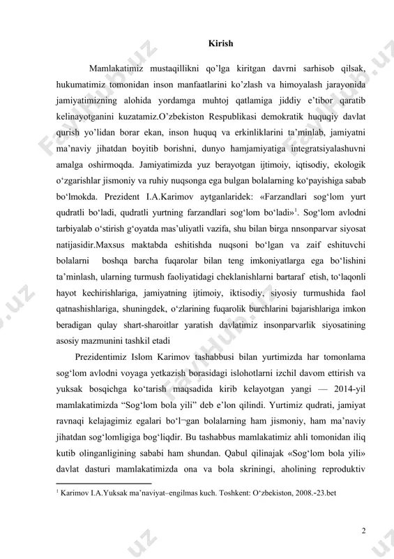 ning turmush faoliyatidagi cheklanishlarni bartaraf etish, to‘laqonli hayot kechirishlariga, jamiyatning ijtimoiy, iktisodiy, siyosiy turmushida faol qatnashishlariga, shuningdek, o‘zlarining fuqarolik burchlarini bajarishlariga imkon beradigan qulay shart-sharoitlar yaratish davlatimiz insonparvarlik siyosatining asosiy mazmunini tashkil etadi prezidentimiz islom karimov tashabbusi bilan yurtimizda har tomonlama sog‘lom avlodni voyaga yetkazish borasidagi islohotlarni izchil davom ettirish va yuksak bosqichga ko‘tarish maqsadida kirib kelayotgan yangi — 2014-yil mamlakatimizda “sog‘lom bola yili” deb e’lon qilindi. yurtimiz qudrati, jamiyat ravnaqi kelajagimiz egalari bo‘l¬gan bolalarning ham jismoniy, ham ma’naviy jihatdan sog‘lomligiga bog‘liqdir. bu tashabbus mamlakatimiz ahli tomonidan iliq kutib olinganligining sababi ham shundan. qabul qilinajak «sog‘lom bola yili» davlat dasturi mamlakatimizda ona va bola skriningi, aholining reproduktiv salomatligini mus¬tahkamlash, sog‘lom bola tug‘ilishi, jismoniy va ma’naviy barkamol avlodni voyaga yetkazish borasidagi ishlarni yanada kuchaytirish va samaradorligini oshirishga oid chora-tadbirlarning uzviy davomi sifatida samarali bo‘lishiga to‘liq asos bor. mamlakatimizda jismoniy sog’lom, ma’naviy yetuk, har tomonlama uyg’un va barkamol rivojlangan, mustaqil fikrlaydigan, intellektual …