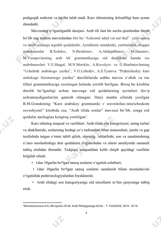 yaqinlashish jarayonidagi muhim vositadir. arab tili grammatikasiga to‘xtaladigan bo‘lsak, bu til grammatikasi o‘ziga xosligi bilan boshqa tillardan ajralib turadi. o‘zbek tilidan farqli ravishda, arab tilida so‘z turkumlari uch qismga bo‘linadi. ya’ni: ism الاسم fe’l الفعل harf الخرف arab tilida ism (الاسم ) so‘z turkumiga, o‘zbek tilidagi ot, sifat, olmosh, son, ravish, fe’lning harakat nomi (masdar), sifatdosh va ayrim ko‘makchilar, modal so‘zlar kiradi. shunday qilib, o‘zbek tilidagi son so‘z turkumi arab tilida ism الاسم so‘z turkumida alohida o‘rganiluvchi bo‘limdir. son deb, predmetning miqdori, sanog‘i, tartibini va sonning nomini ifodalaydigan so‘zlarga aytiladi. son-sanog‘ini bildiruvchi sonlar sanoq sonlar deyiladi. masalan: ikki, uch, besh, yigirma kabi. sonning bunday ta’rifi arab tiliga ham bevosita taalluqlidir. biz bilamizki, o‘zbek tilida son boshqa so‘z turkumlaridan yasalmaydi, mustaqil so‘zlardan tarkib topgan hisoblanadi. ularning fe’liy o‘zaklari mavjud emas. ammo arab tilida esa son fe’l o‘zaklaridan yasaladi. shuni ham ta’kidlab o‘tish joizki, arab tilidagi sanoq sonlarni ikki xil yo‘l bilan …