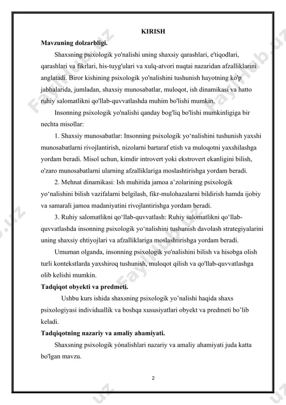 qilish va qo'llab-quvvatlashga olib kelishi mumkin. tadqiqot obyekti va predmeti. ushbu kurs ishida shaxsning psixologik yo’nalishi haqida shaxs psixologiyasi individuallik va boshqa xususiyatlari obyekt va predmeti bo’lib keladi. tadqiqotning nazariy va amaliy ahamiyati. shaxsning psixologik yònalishlari nazariy va amaliy ahamiyati juda katta bo'lgan mavzu. nazariy ahamiyat: bu qaror qilish uchun zarur bo'lgan nazariy asoslar, konseptsiyalar va tushunchalar bilan bog'liqdir. nazariy tushunchalar, insonning psixologik o'zgarishlarini, o'zini tushunish va bajarish usullarini, xohishlarini va talablari, tajribalarini va o'z-o'zini aniqlash jarayonini tushuntirishda katta rol o'ynaydi. bu tushunchalar, psixologik masalalarni o'rganish va tahlil qilishda asosiy bo'lib, insonlarning o'zini tushunish va bajarish jarayonlarini tushunish uchun juda muhimdir. amaliy ahamiyat: bu esa nazariy tushunchalarni amalga oshirish va amaliyotda qo'llashni anglatadi. amaliy tushunchalar, insonlarning psixologik xarakteristikalarini, o'z-o'zini bajarish usullarini o'rganish va rivojlantirishda yordam beradi. ushbu tushunchalar, insonlarning xavfsizlik, tinchlik, o'z-ona tushunish, o'zini qabul qilish va boshqa psixologik va muammolarini boshqarishda muhimdir. amaliy tushunchalar, insonlarni o'zlarini taraqqiyotga olib borish, …