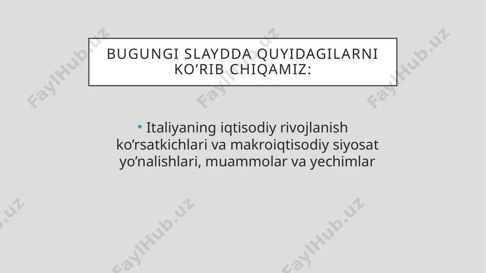 a sezilarli pasayishdir. 2024-yilda ishsizlik darajasi 6,8% ga tushishi prognoz qilinmoqda. aholining qarishi va tug‘ilish darajasining pasayishi mehnat bozoriga bosim o‘tkazmoqda. hukumat ishchi kuchini ko‘paytirish va ayollar bandligini oshirish bo‘yicha chora-tadbirlar ko‘rmoqda. 4. mehnat bozori va demografik muammolar 5. yashil va raqamli o‘zgarishlar energiya samaradorligini oshirish va yashil texnologiyalarni rivojlantirishga qaratilgan loyihalar amalga oshirilmoqda. raqamli infratuzilmani rivojlantirish va raqamli xizmatlarni kengaytirish orqali iqtisodiy o‘sishni qo‘llab-quvvatlash rejalashtirilgan. italiya davlatining iqtisodiy rivojlanish ko‘rsatkichlari 1. yaim (yalpi ichki mahsulot) o‘sishi 2. inflyatsiya 4. sanoat va investitsiyalar 3. ishsizlik va bandlik 5. davlat moliyasi italiya davlatining iqtisodiy rivojlanish ko‘rsatkichlari 1. yaim (yalpi ichki mahsulot) o‘sishi 2024-yil: iqtisodiy o‘sish prognozi 0,5% atrofida bo‘lib, bu asosan eksportga bog‘liq. ichki talab esa salbiy ta’sir ko‘rsatmoqda. 2025-yil: o‘sish sur’ati 0,8% ga yetishi kutilmoqda, bunda ichki talab asosiy omil bo‘ladi. 2. inflyatsiya 2024-yil: inflyatsiya darajasi 1,6% atrofida bo‘lishi kutilmoqda, bu 2023-yildagi 5,2% dan sezilarli pasayishdir. 2025-yil: inflyatsiya darajasi 2,0% …